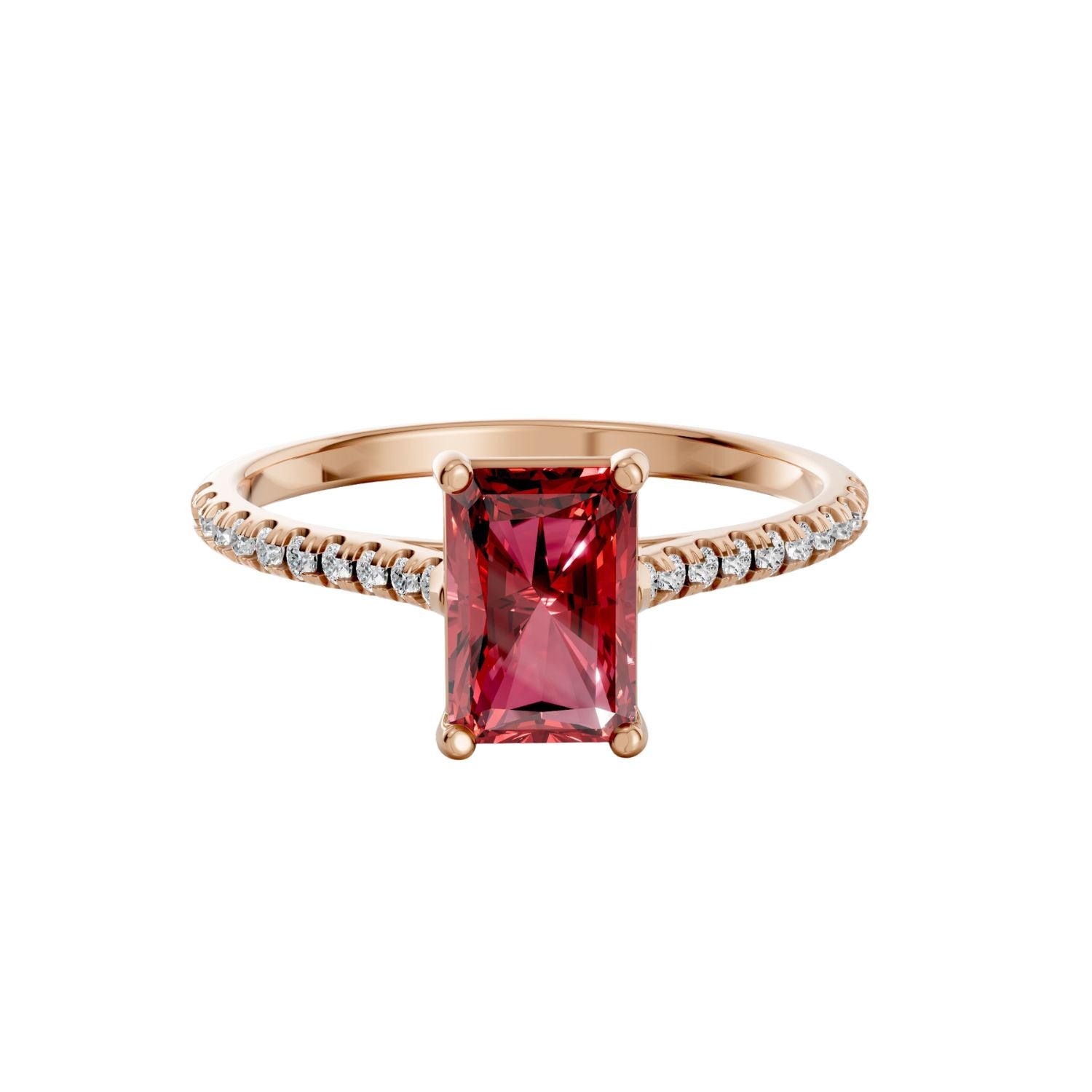 Emerald Cut Ruby Cathedral Pave Engagement Ring in 14K Yellow Solid Gold