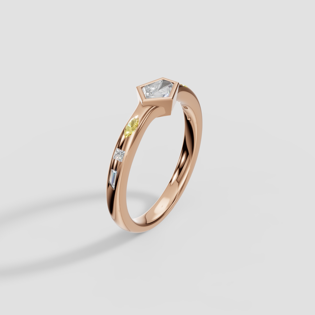 Bullet Cut Diamond Bezel Ring with Yellow Diamond Accents in 14K Gold