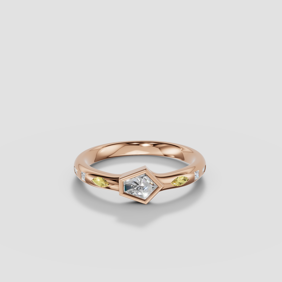 Bullet Cut Diamond Bezel Ring with Yellow Diamond Accents in 14K Gold