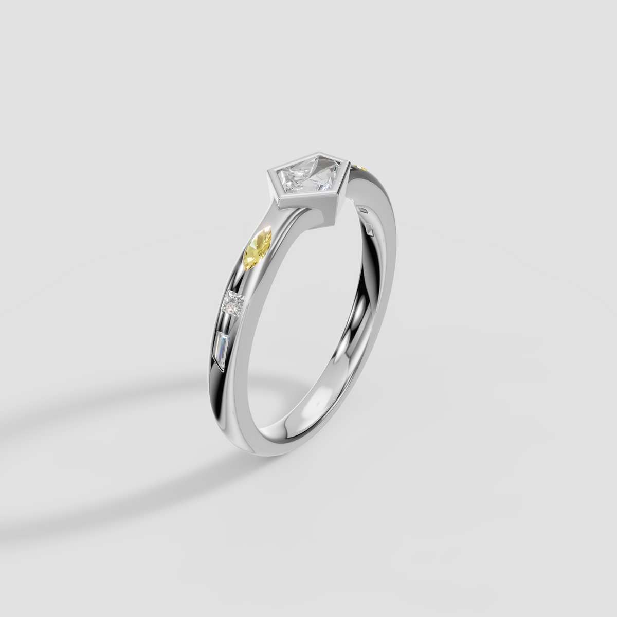 Bullet Cut Diamond Bezel Ring with Yellow Diamond Accents in 14K Gold