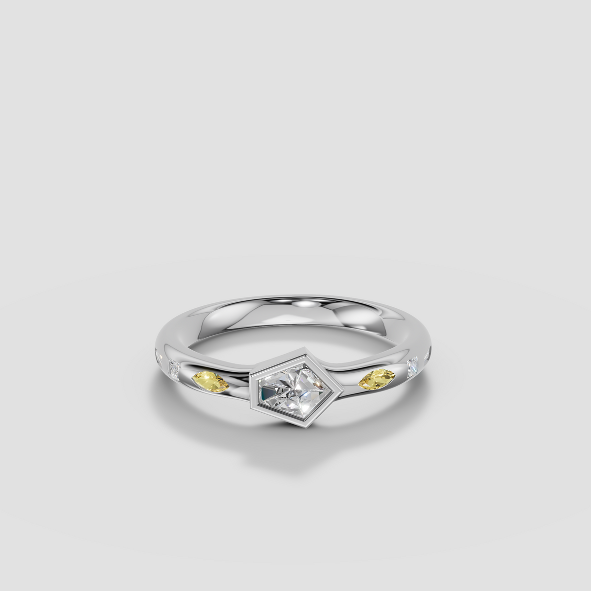 Bullet Cut Diamond Bezel Ring with Yellow Diamond Accents in 14K Gold