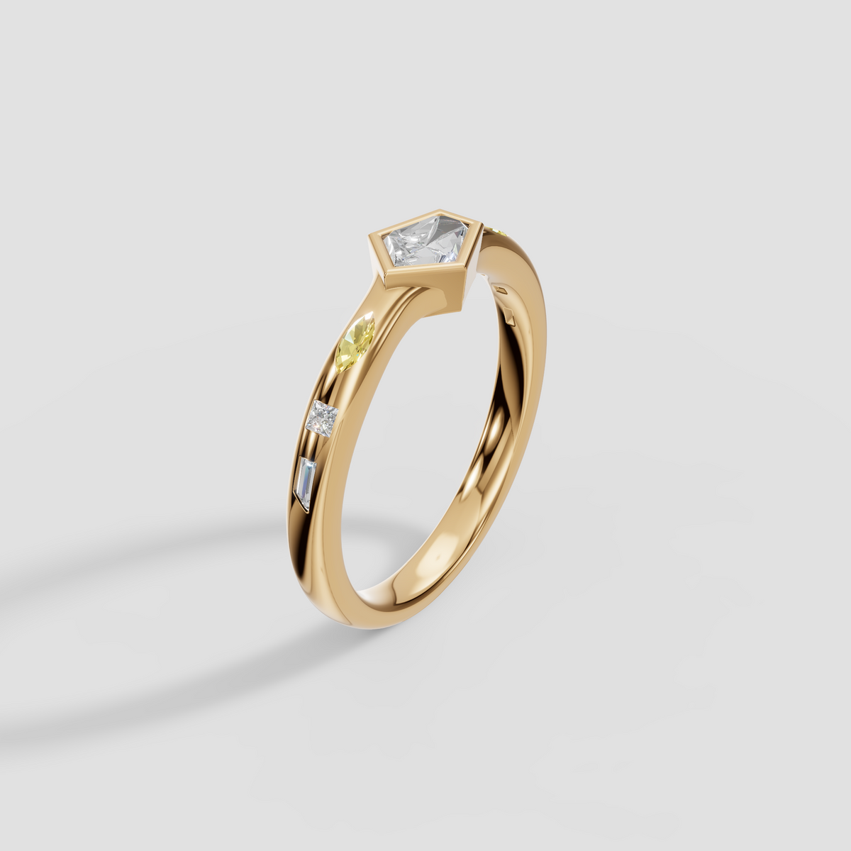 Bullet Cut Diamond Bezel Ring with Yellow Diamond Accents in 14K Gold