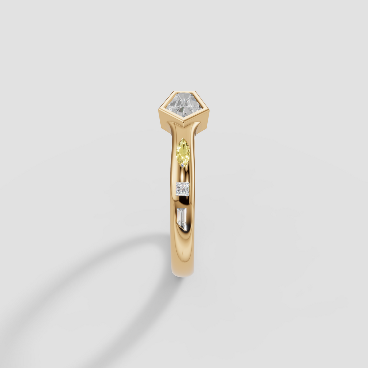 Bullet Cut Diamond Bezel Ring with Yellow Diamond Accents in 14K Gold