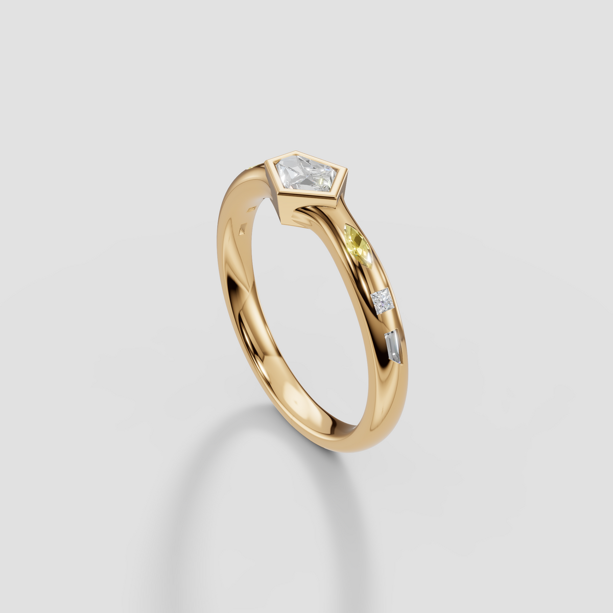 Bullet Cut Diamond Bezel Ring with Yellow Diamond Accents in 14K Gold