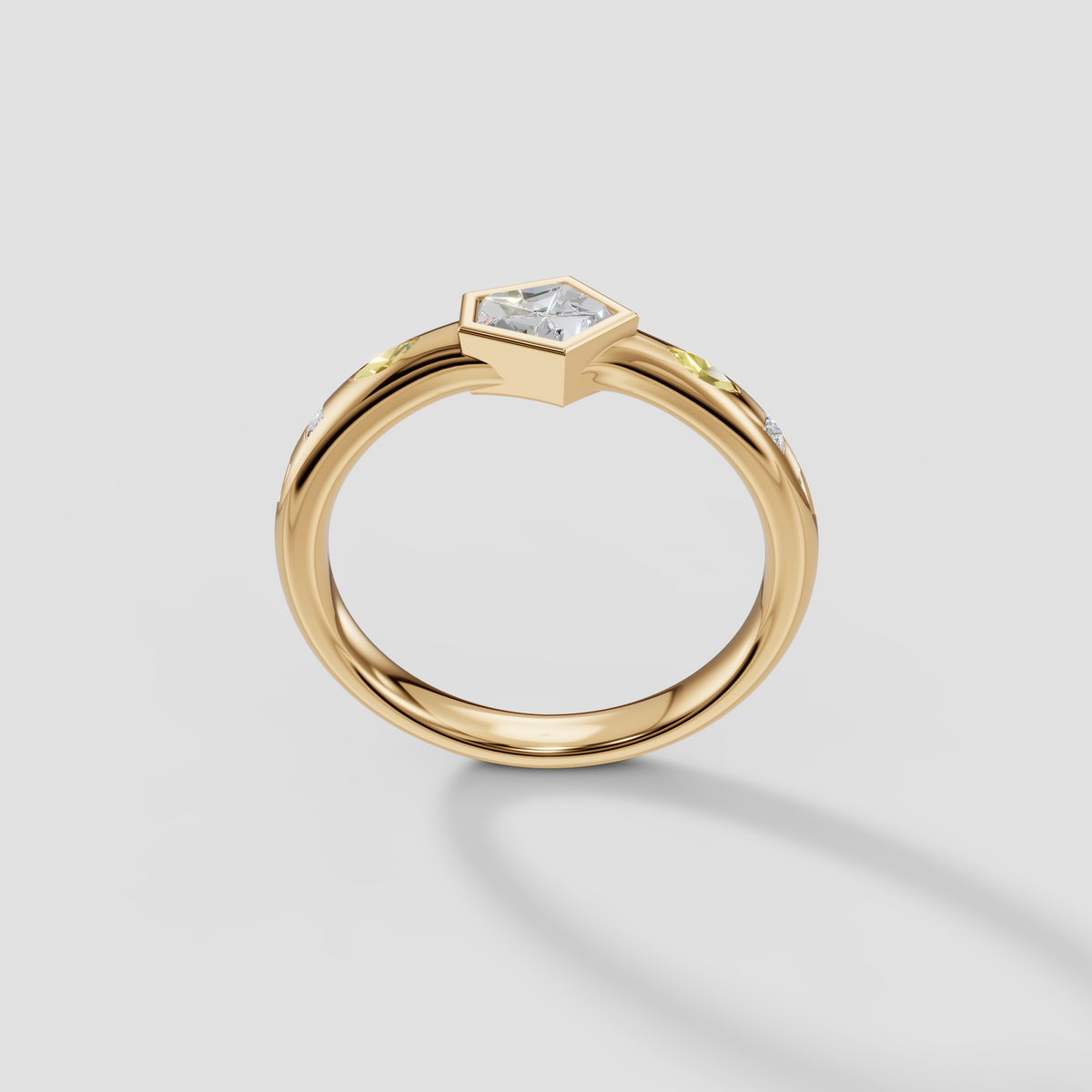 Bullet Cut Diamond Bezel Ring with Yellow Diamond Accents in 14K Gold