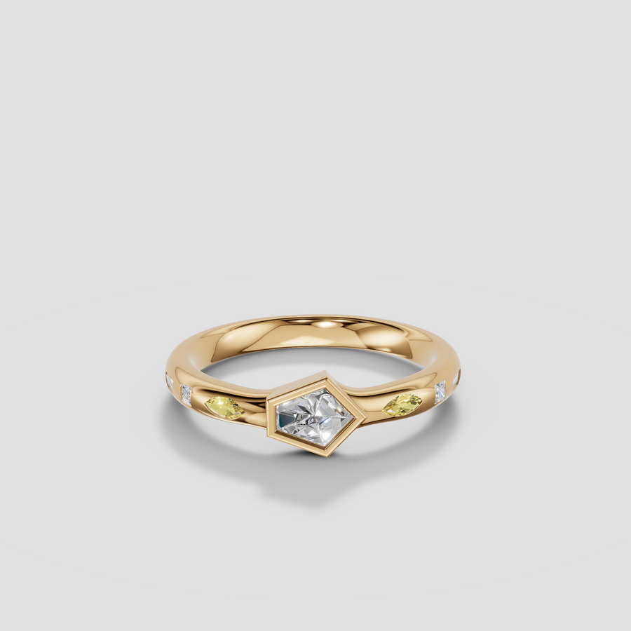 Bullet Cut Diamond Bezel Ring with Yellow Diamond Accents in 14K Gold