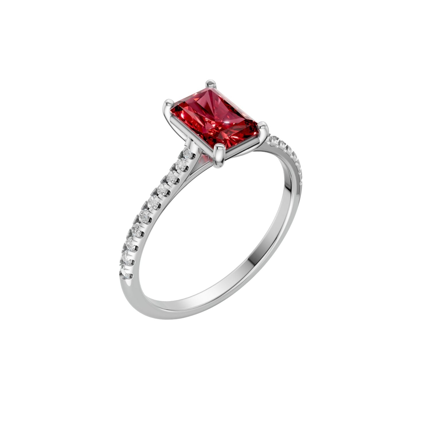 Emerald Cut Ruby Cathedral Pave Engagement Ring in 14K Yellow Solid Gold