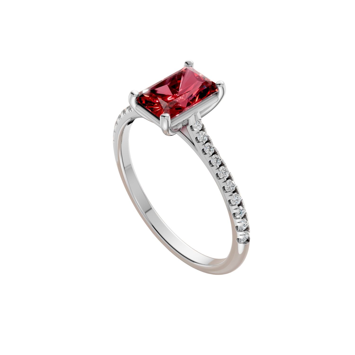 Emerald Cut Ruby Cathedral Pave Engagement Ring in 14K Yellow Solid Gold