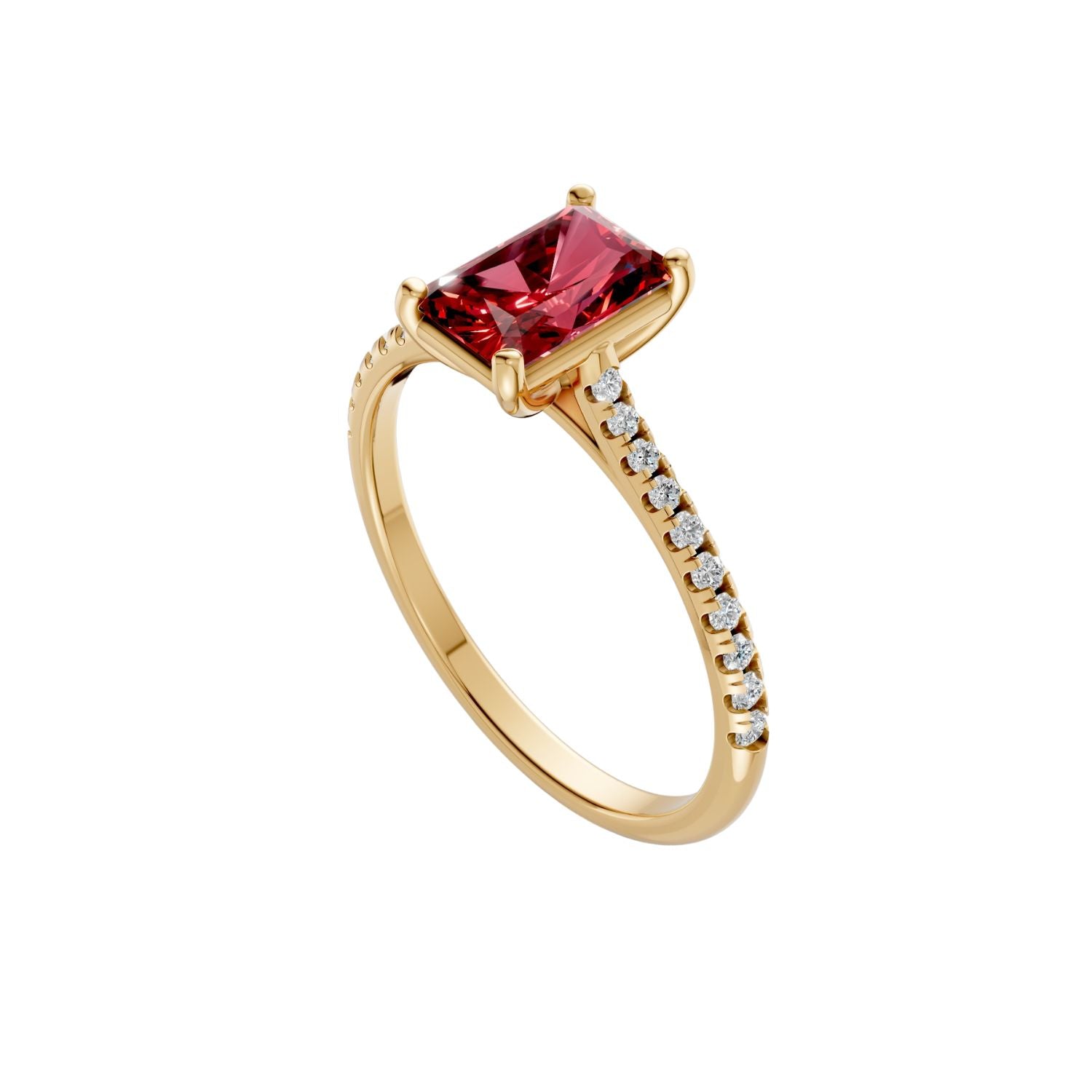 Emerald Cut Ruby Cathedral Pave Engagement Ring in 14K Yellow Solid Gold