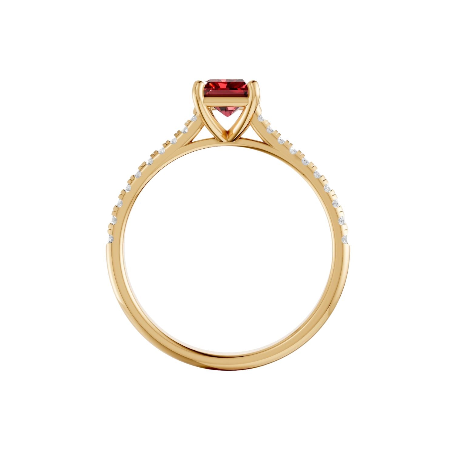 Emerald Cut Ruby Cathedral Pave Engagement Ring in 14K Yellow Solid Gold