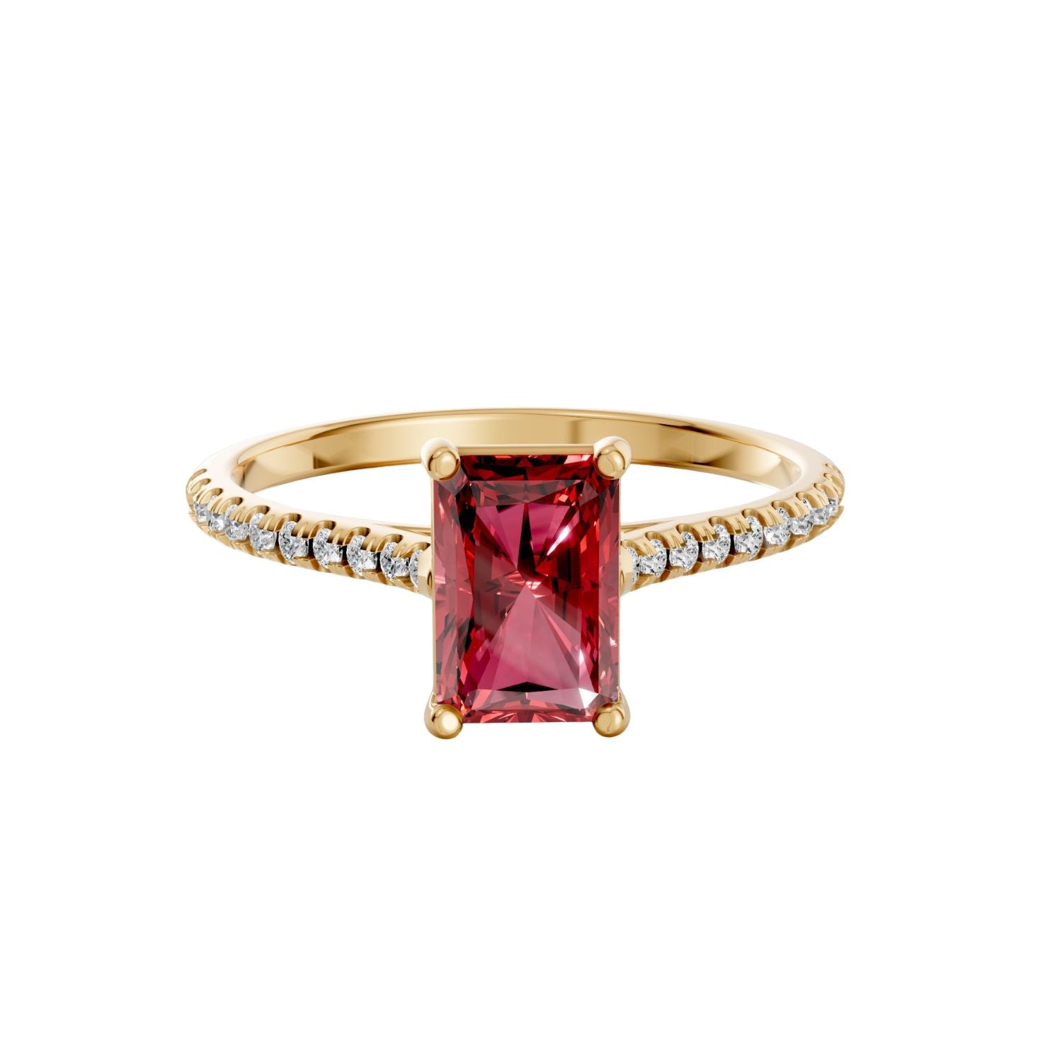 Emerald Cut Ruby Cathedral Pave Engagement Ring in 14K Yellow Solid Gold