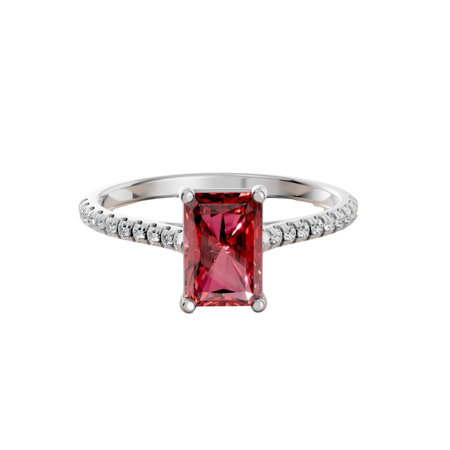Emerald Cut Ruby Cathedral Pave Engagement Ring in 14K Yellow Solid Gold