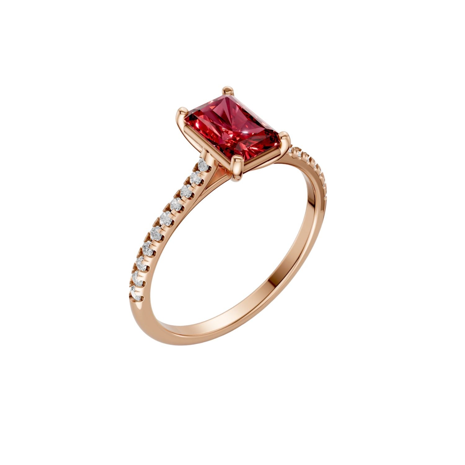 Emerald Cut Ruby Cathedral Pave Engagement Ring in 14K Yellow Solid Gold