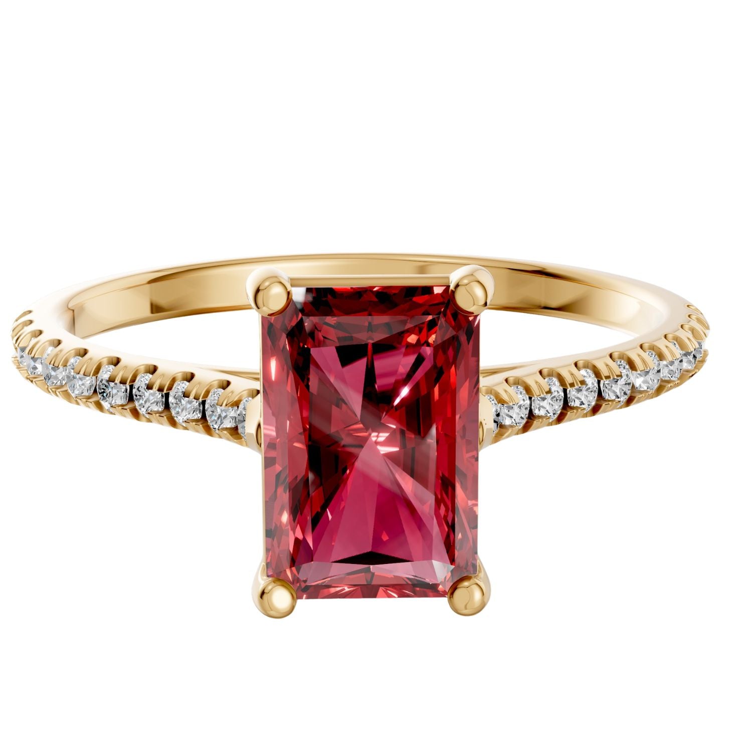 Emerald Cut Ruby Cathedral Pave Engagement Ring in 14K Yellow Solid Gold