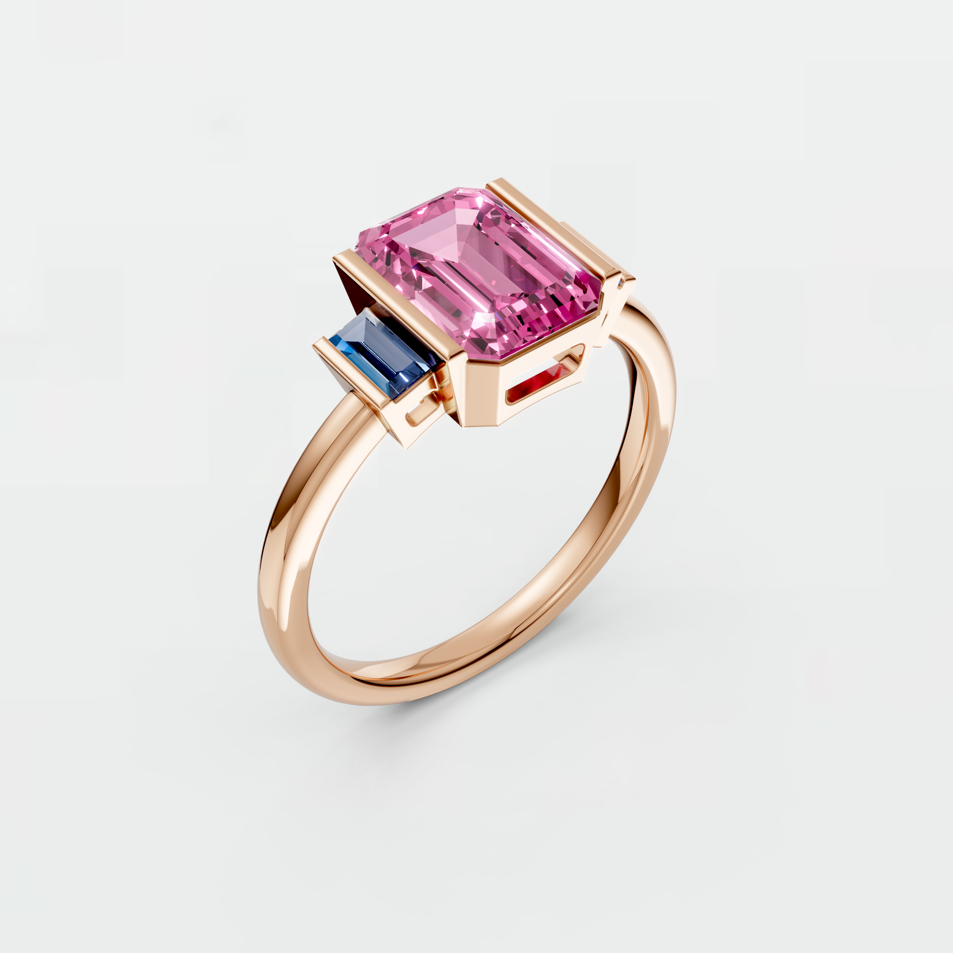2.37 CT Pink Emerald Cut Lab Grown Diamond Engagement Ring with Blue Baguette Accent Stones  14K Yellow Gold