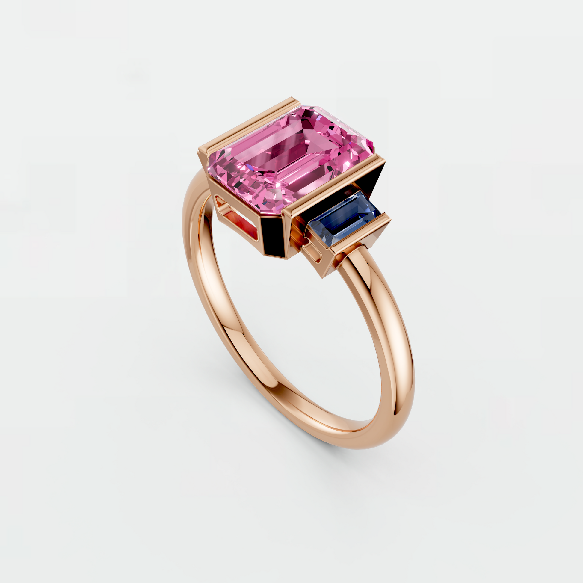 2.37 CT Pink Emerald Cut Lab Grown Diamond Engagement Ring with Blue Baguette Accent Stones  14K Yellow Gold