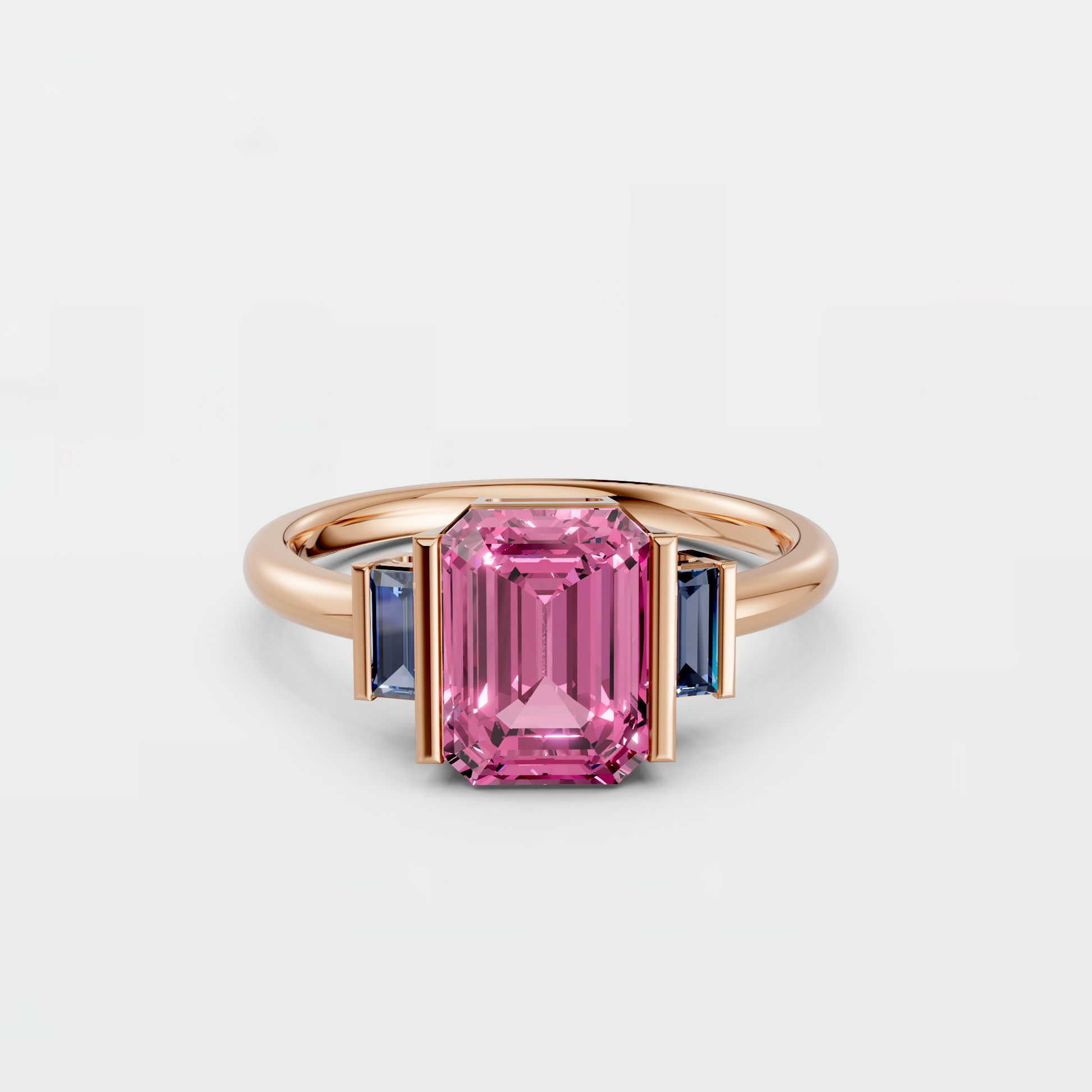 2.37 CT Pink Emerald Cut Lab Grown Diamond Engagement Ring with Blue Baguette Accent Stones  14K Yellow Gold