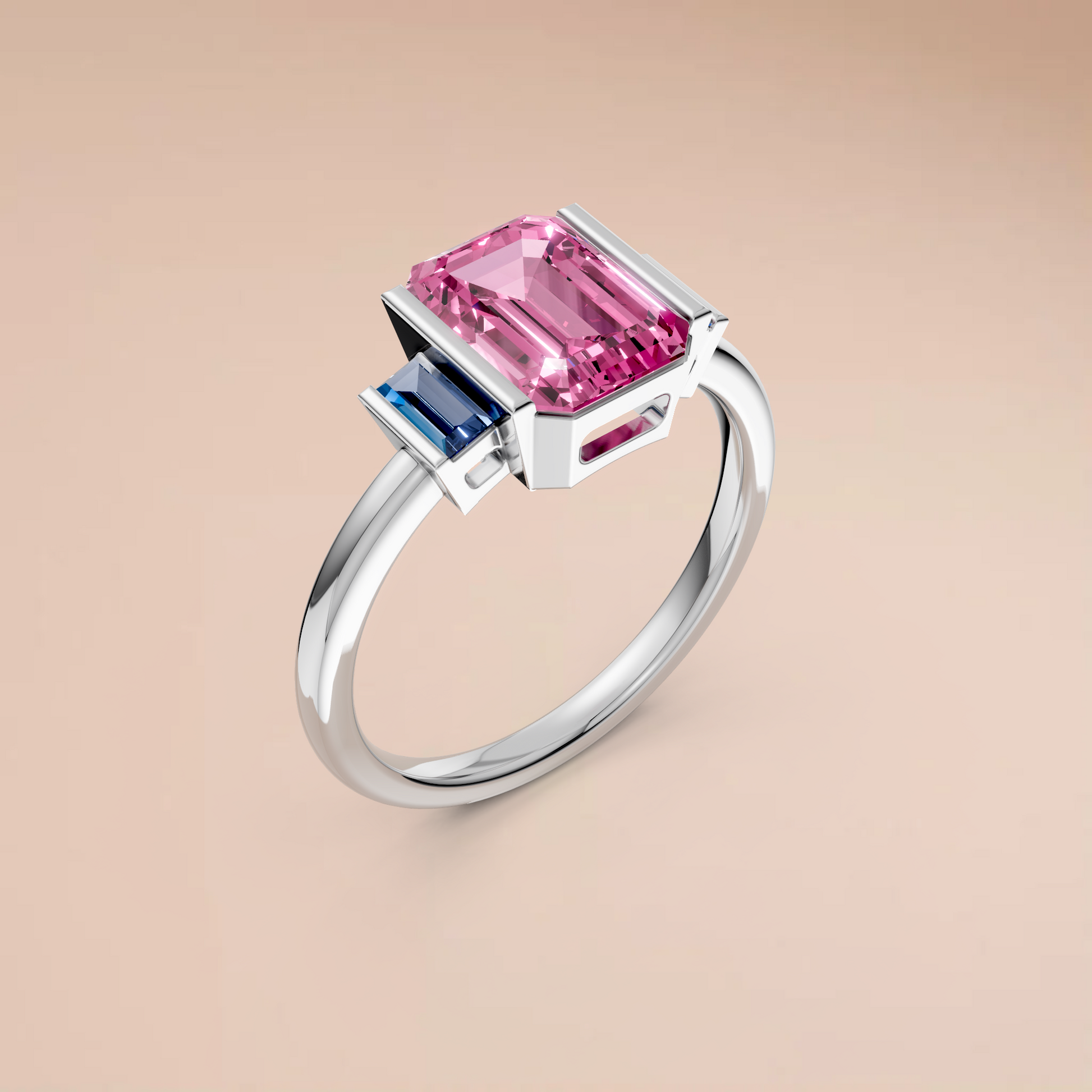 2.37 CT Pink Emerald Cut Lab Grown Diamond Engagement Ring with Blue Baguette Accent Stones  14K Yellow Gold