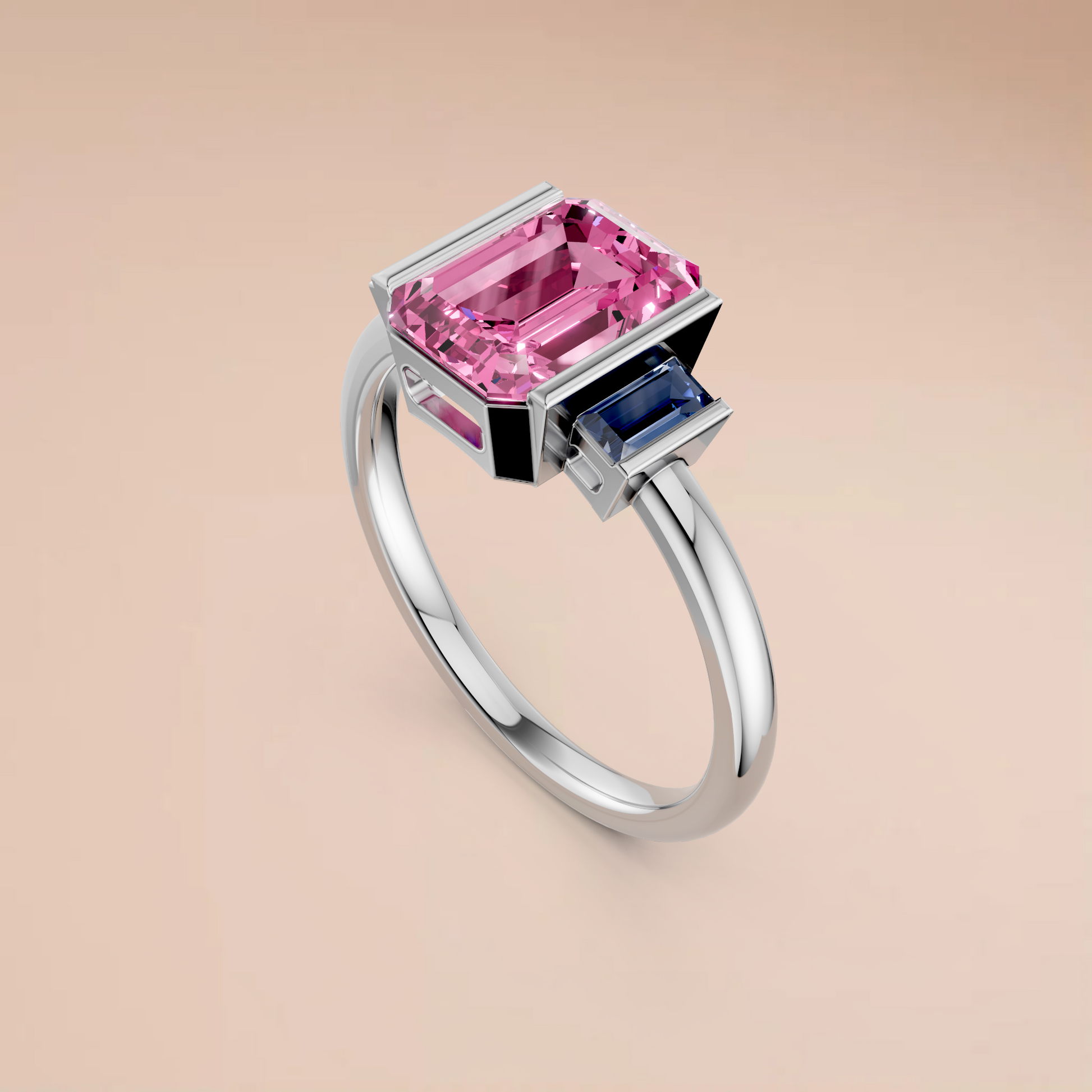2.37 CT Pink Emerald Cut Lab Grown Diamond Engagement Ring with Blue Baguette Accent Stones  14K Yellow Gold