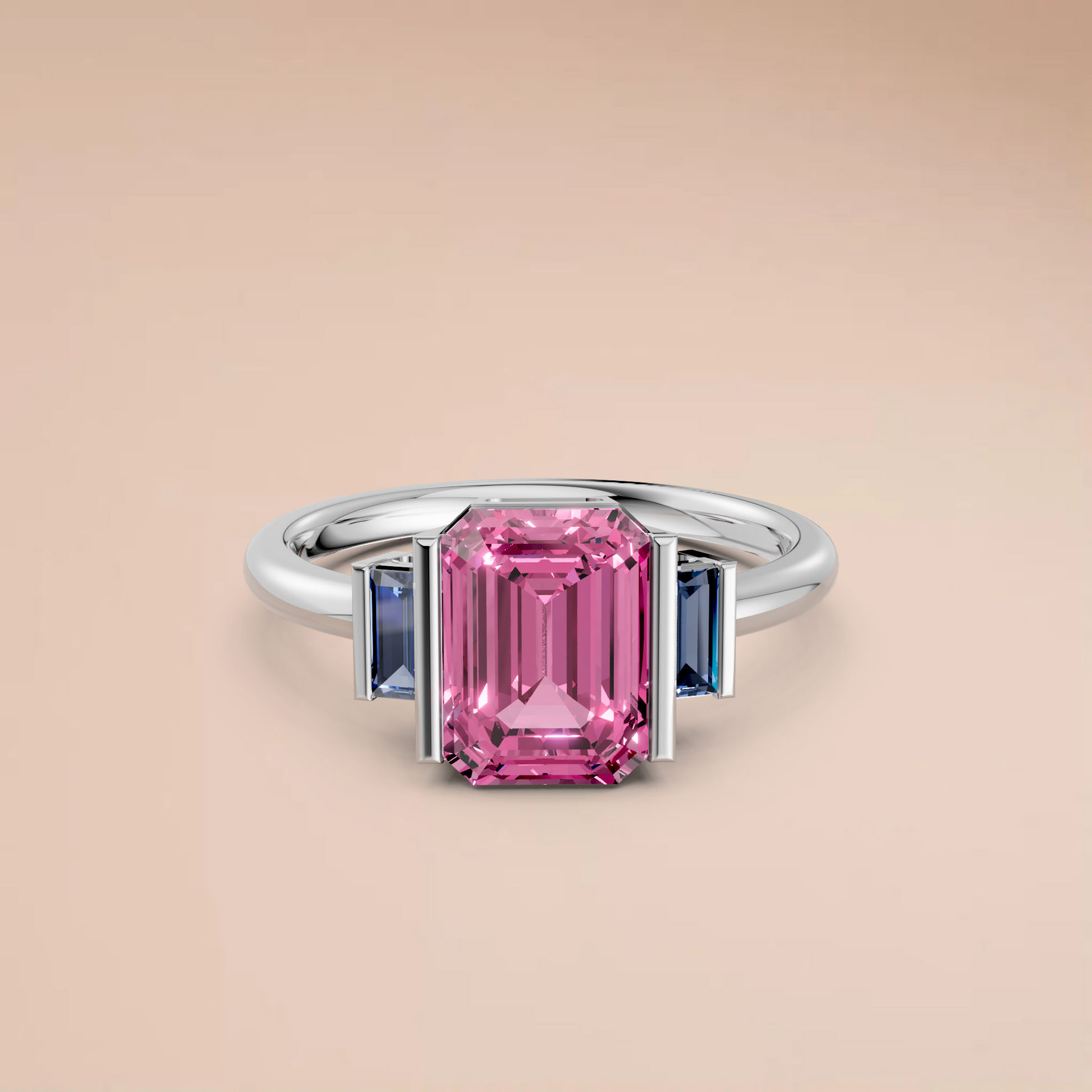 2.37 CT Pink Emerald Cut Lab Grown Diamond Engagement Ring with Blue Baguette Accent Stones  14K Yellow Gold