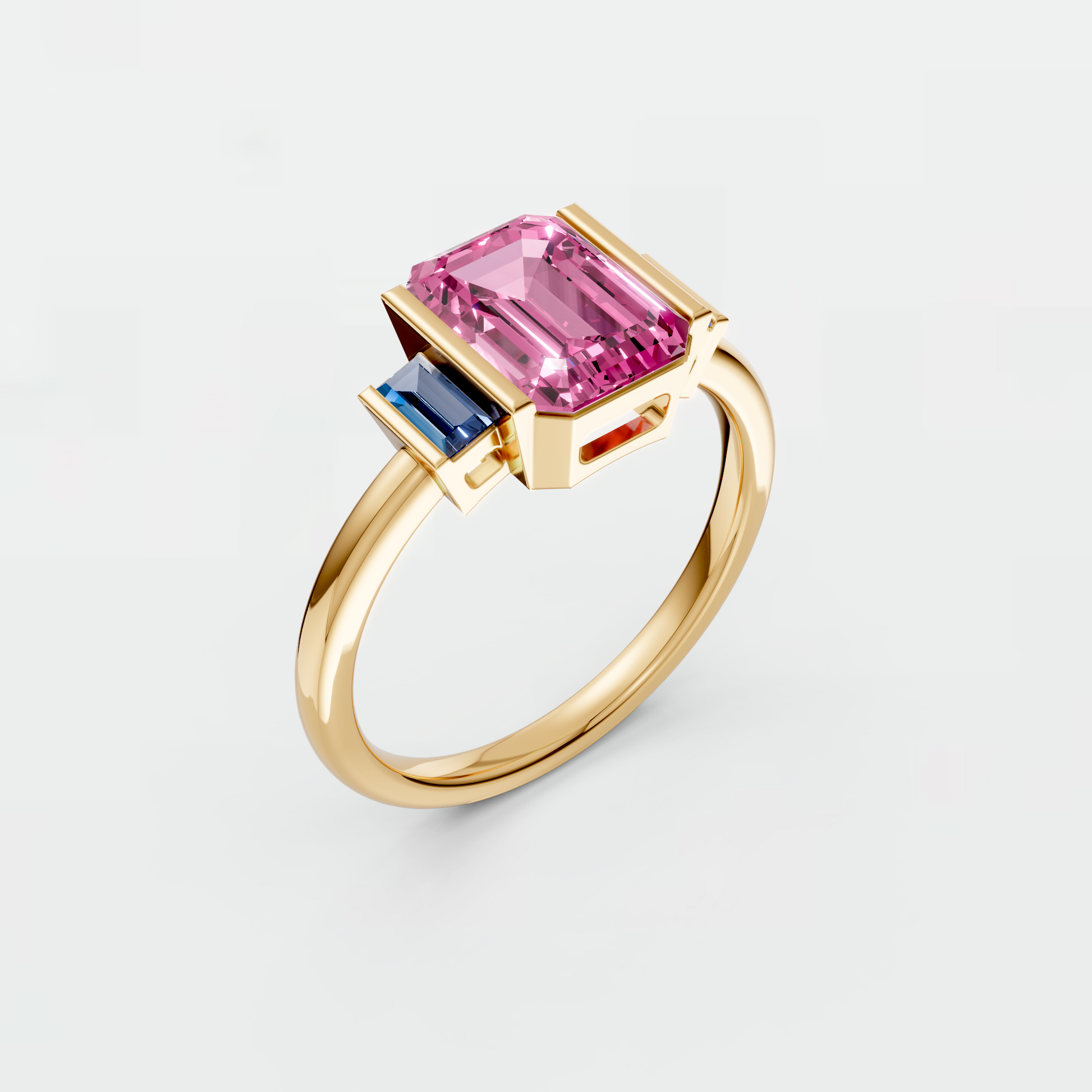 2.37 CT Pink Emerald Cut Lab Grown Diamond Engagement Ring with Blue Baguette Accent Stones  14K Yellow Gold