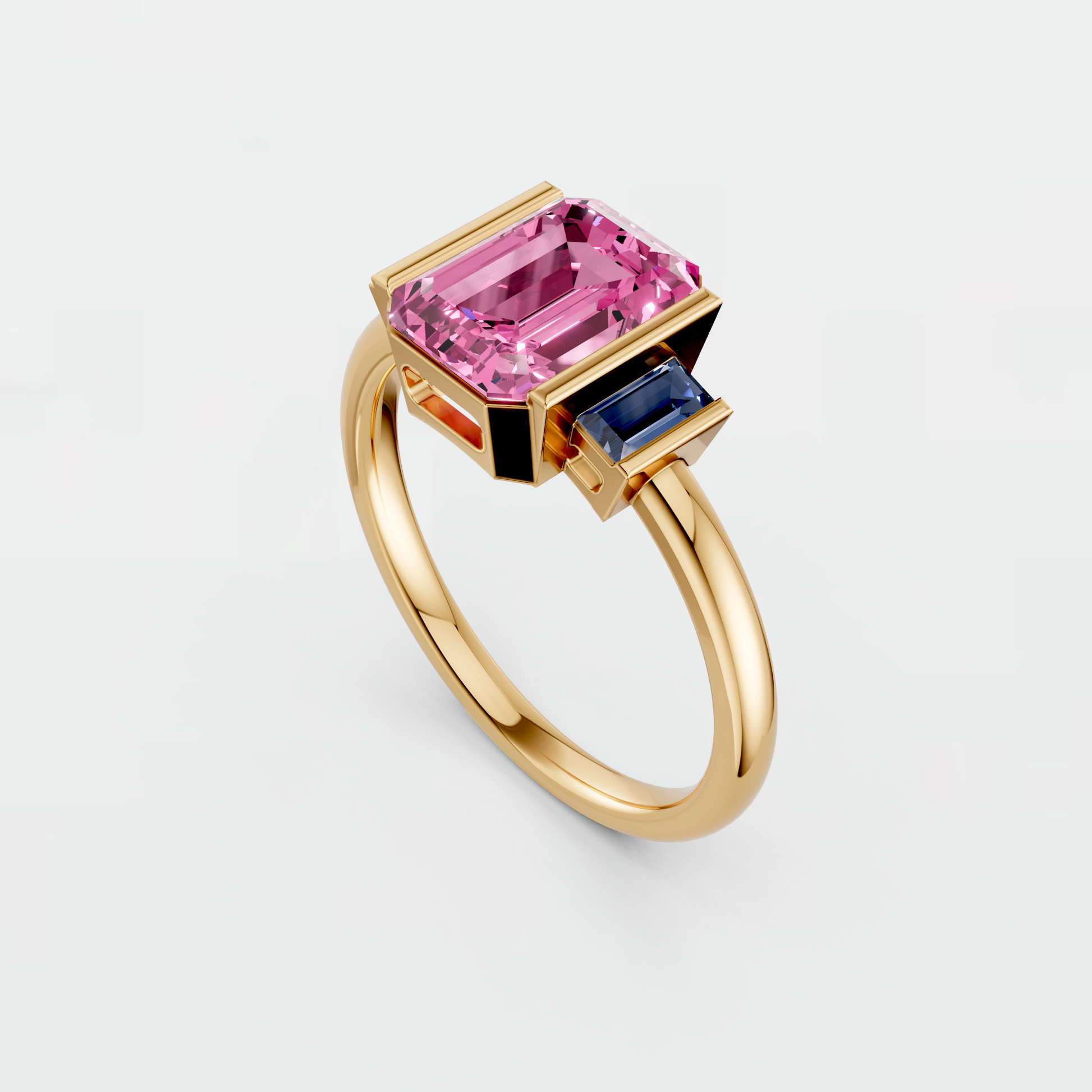 2.37 CT Pink Emerald Cut Lab Grown Diamond Engagement Ring with Blue Baguette Accent Stones  14K Yellow Gold