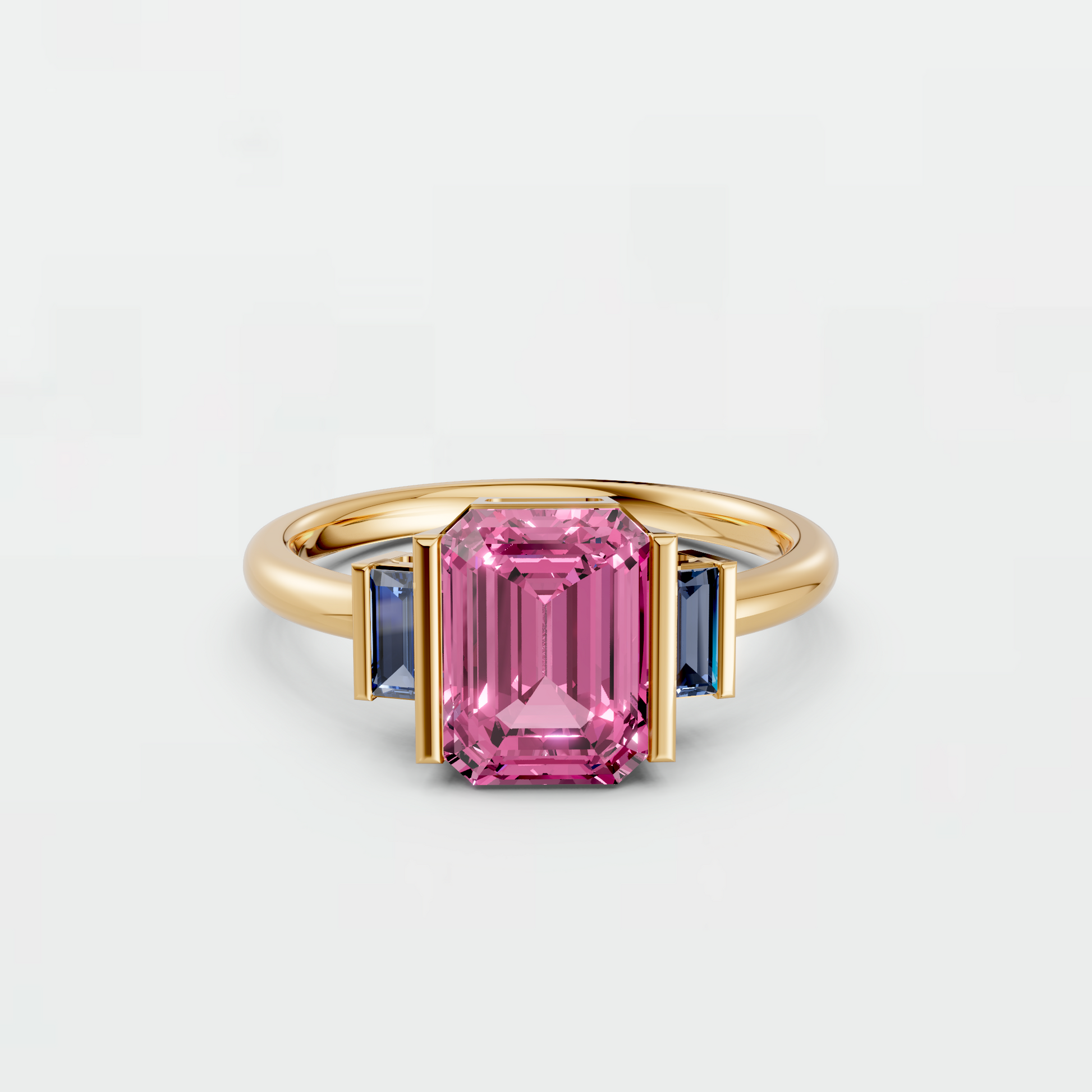2.37 CT Pink Emerald Cut Lab Grown Diamond Engagement Ring with Blue Baguette Accent Stones  14K Yellow Gold