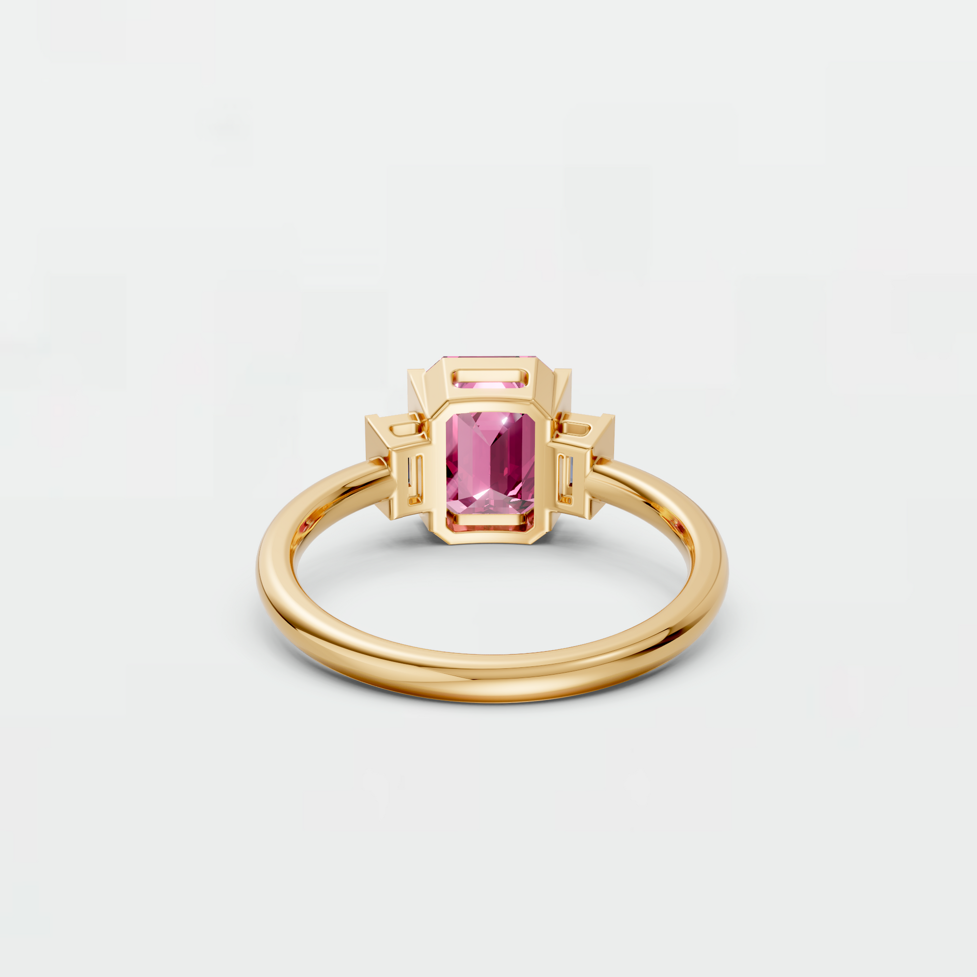 2.37 CT Pink Emerald Cut Lab Grown Diamond Engagement Ring with Blue Baguette Accent Stones  14K Yellow Gold