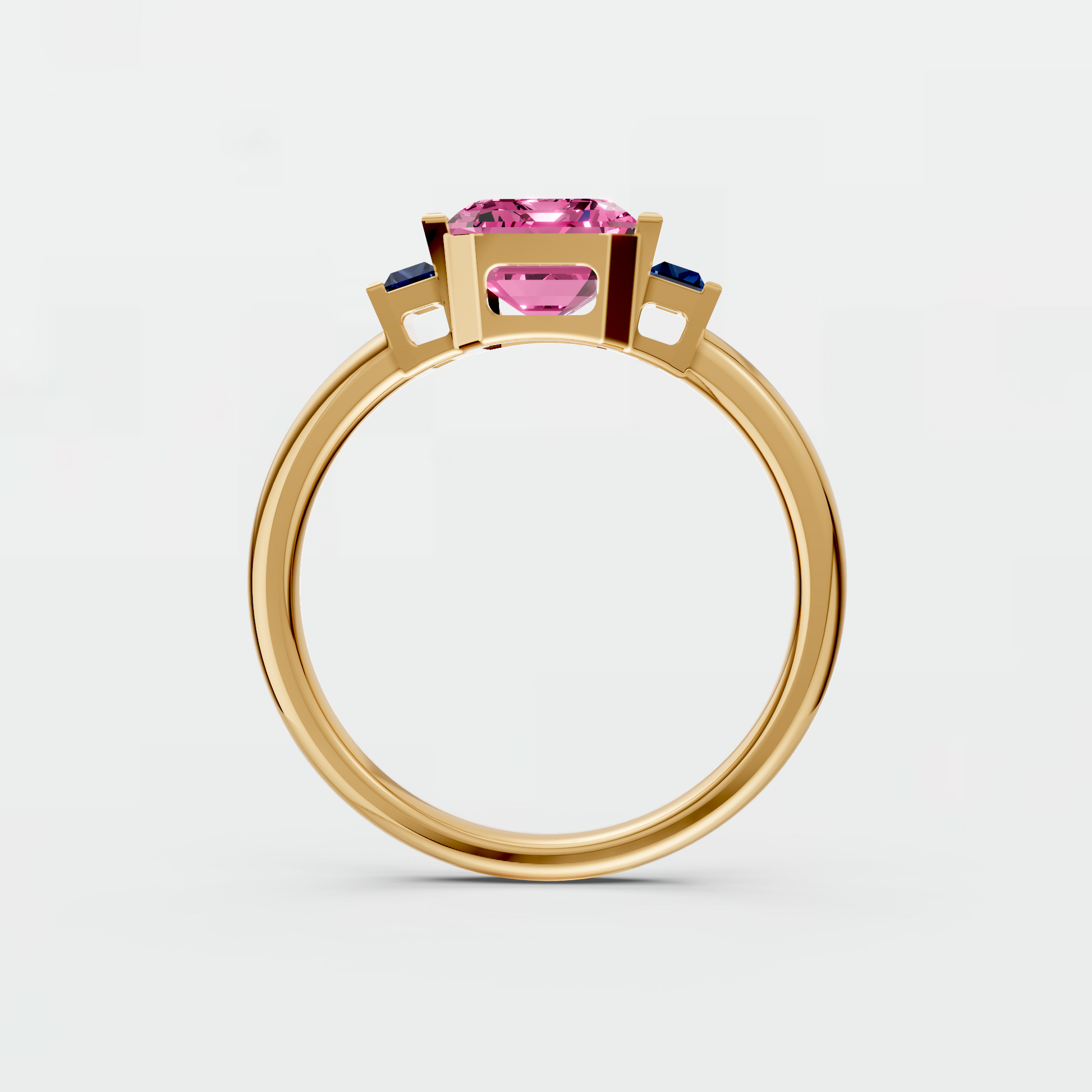 2.37 CT Pink Emerald Cut Lab Grown Diamond Engagement Ring with Blue Baguette Accent Stones  14K Yellow Gold