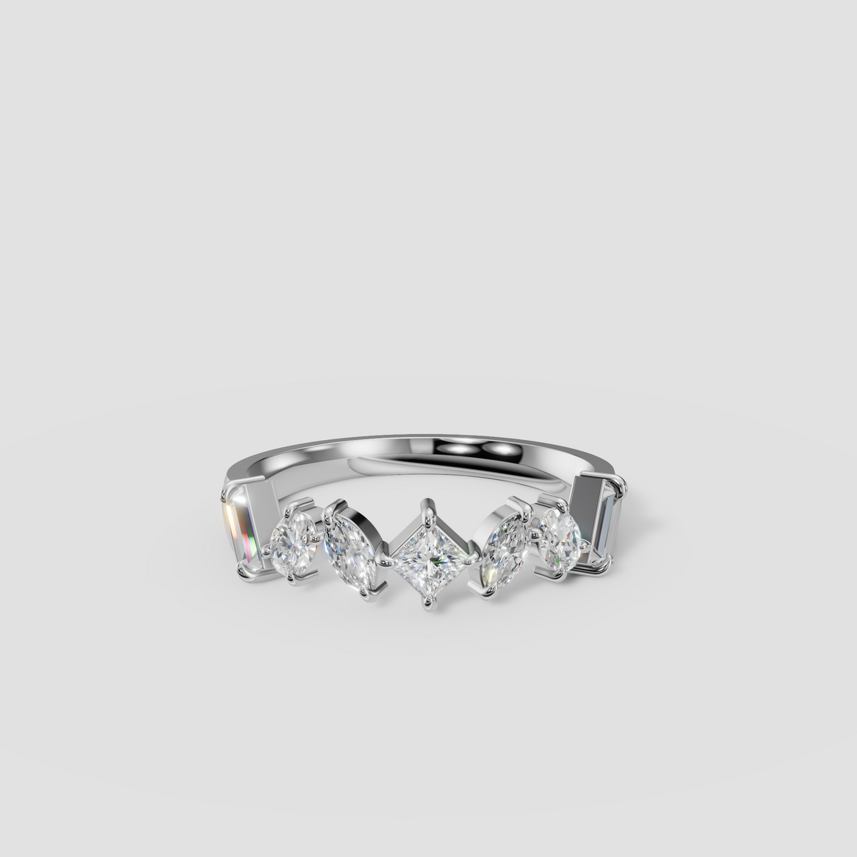 Mixed Shape Princess, Marquise, Oval and Baguette Diamond Wedding Band in 14K Gold