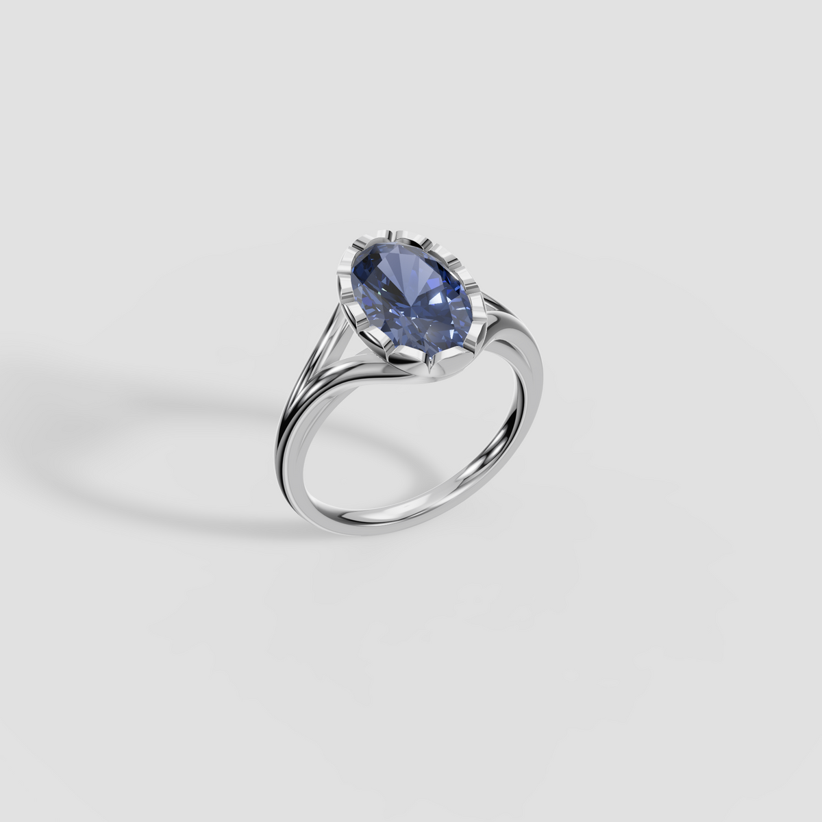 Oval Blue Diamond Scalloped Bezel Split Shank Engagement Ring in 14K Gold