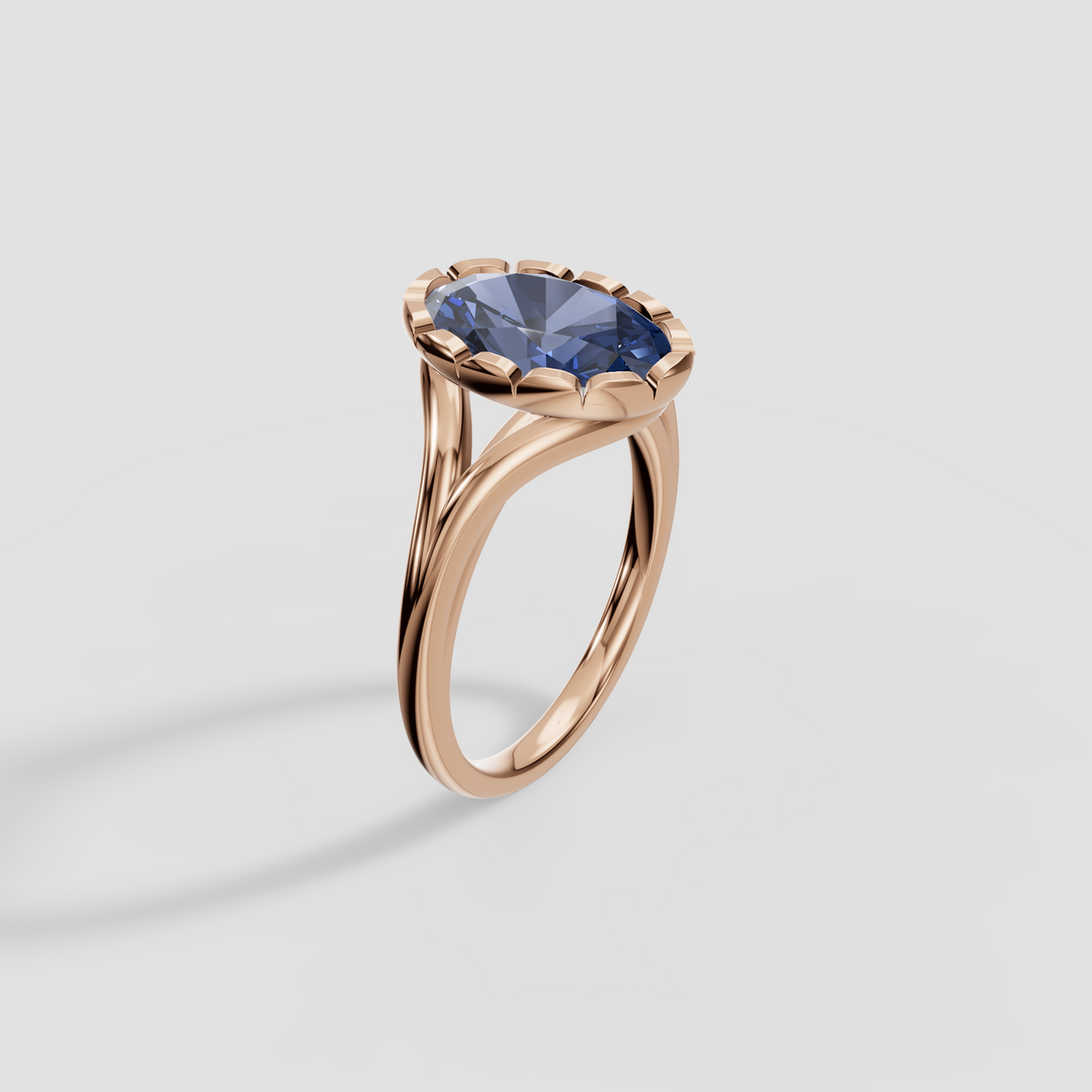 Oval Blue Diamond Scalloped Bezel Split Shank Engagement Ring in 14K Gold