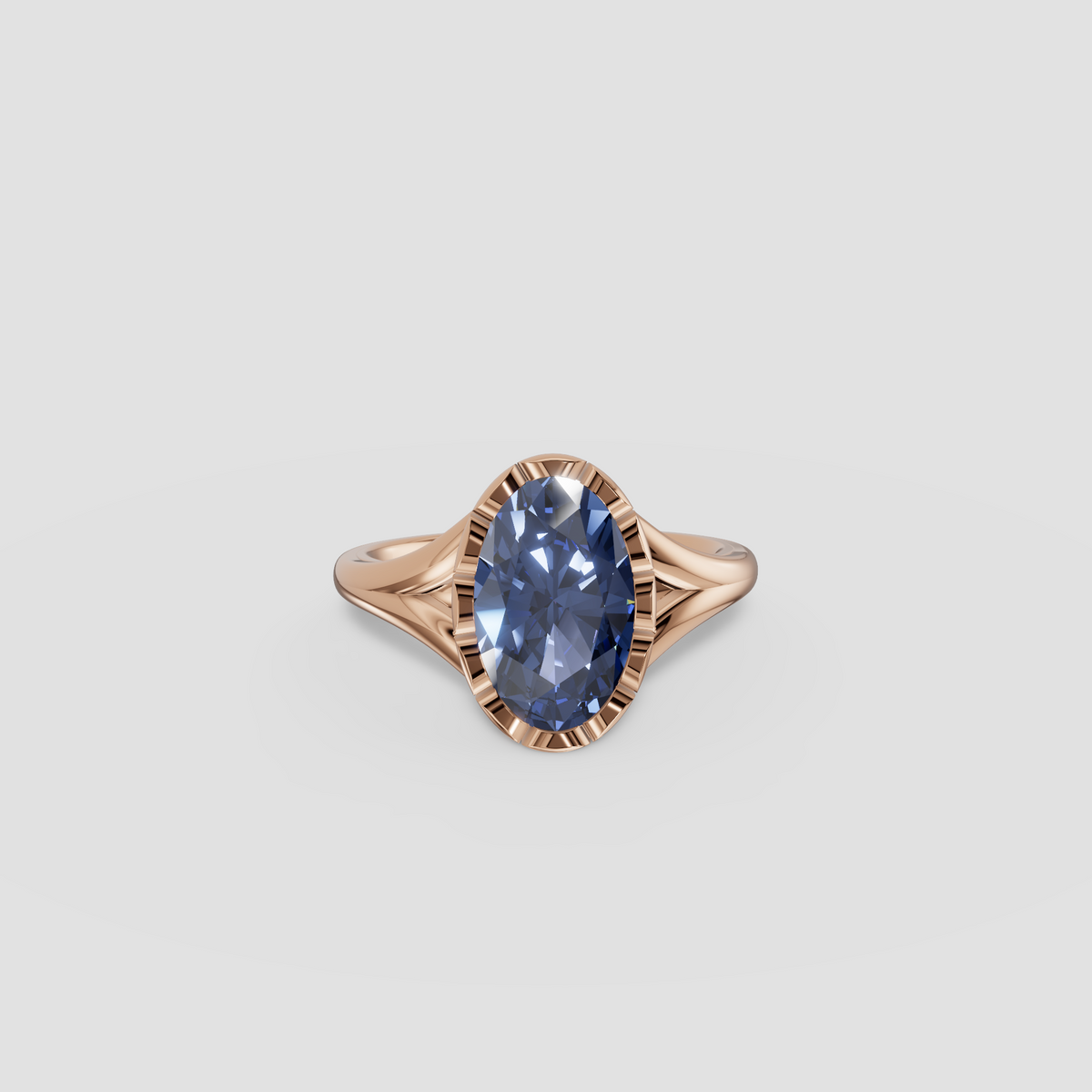 Oval Blue Diamond Scalloped Bezel Split Shank Engagement Ring in 14K Gold