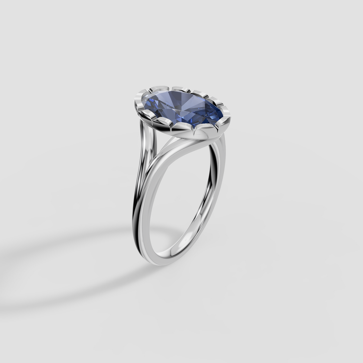Oval Blue Diamond Scalloped Bezel Split Shank Engagement Ring in 14K Gold