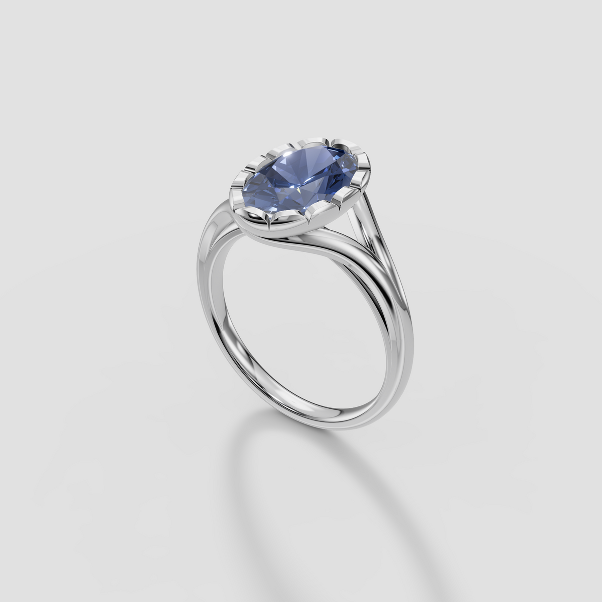 Oval Blue Diamond Scalloped Bezel Split Shank Engagement Ring in 14K Gold