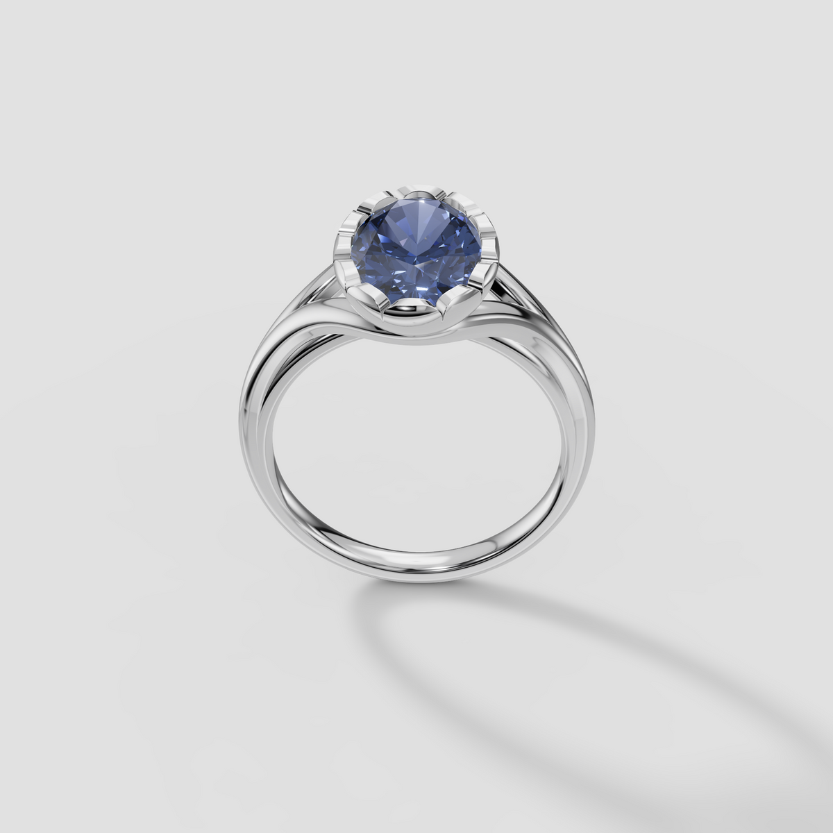 Oval Blue Diamond Scalloped Bezel Split Shank Engagement Ring in 14K Gold