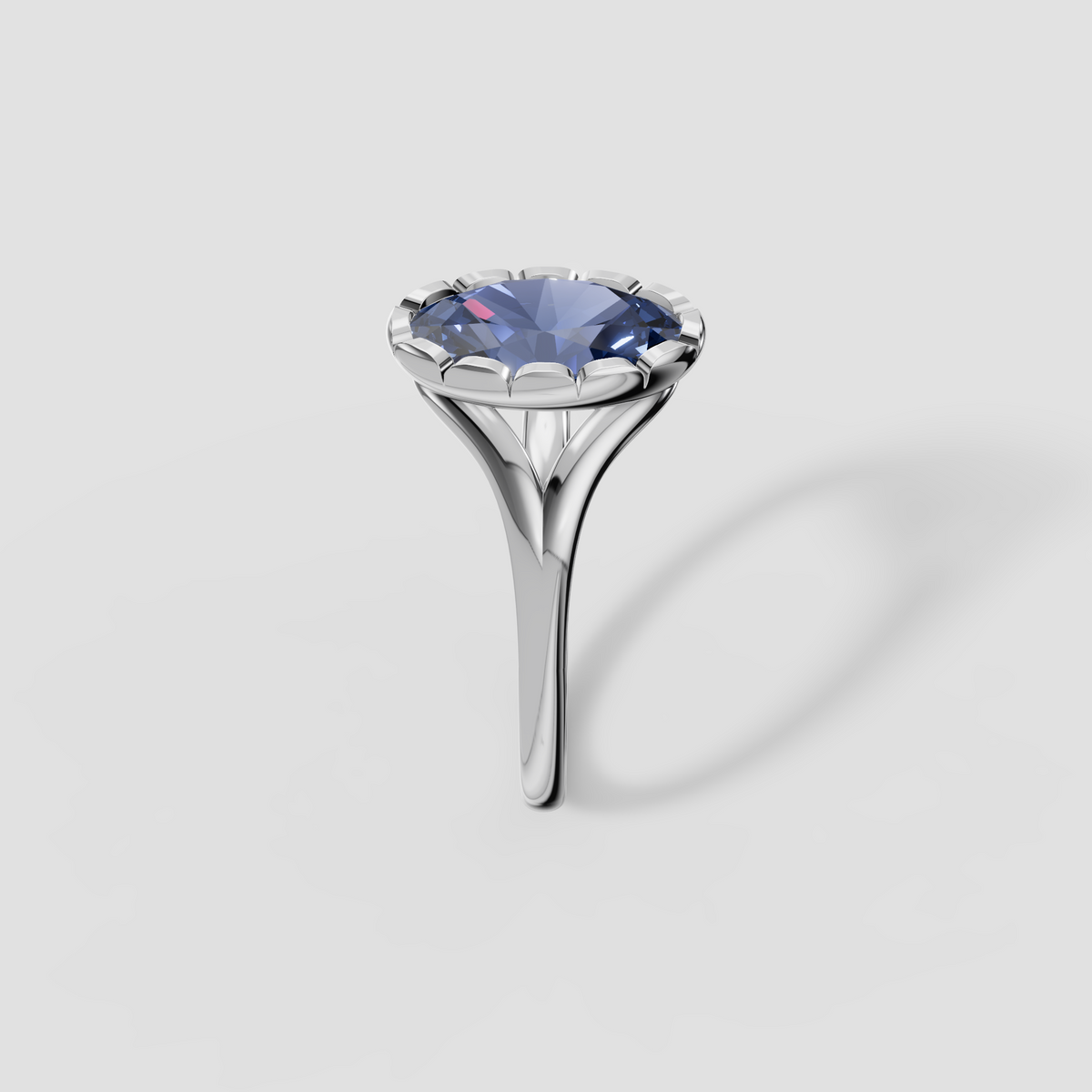 Oval Blue Diamond Scalloped Bezel Split Shank Engagement Ring in 14K Gold