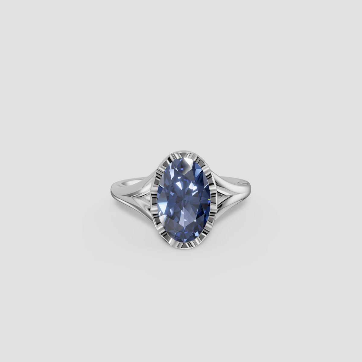 Oval Blue Diamond Scalloped Bezel Split Shank Engagement Ring in 14K Gold