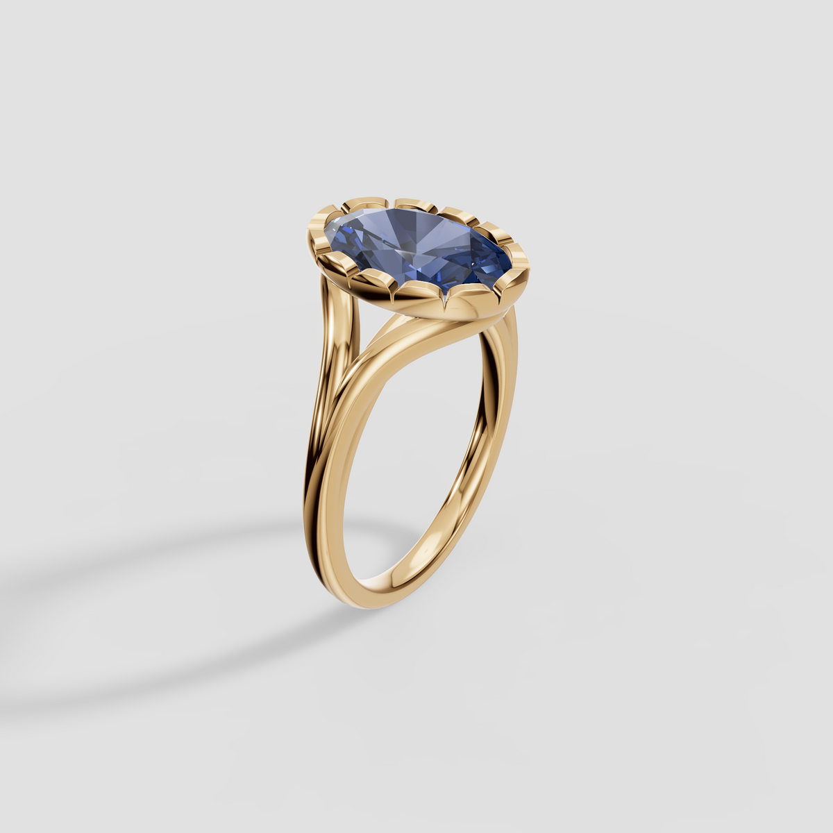 Oval Blue Diamond Scalloped Bezel Split Shank Engagement Ring in 14K Gold