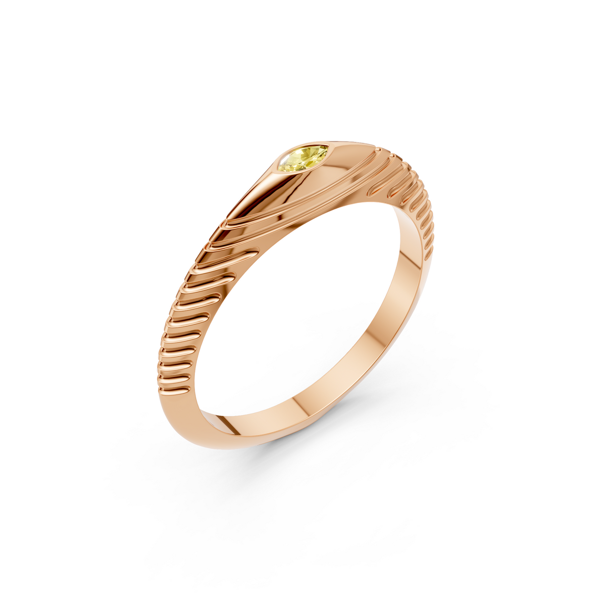 Marquise Yellow Diamond Bezel Set Solitaire Statement Ribbed Band