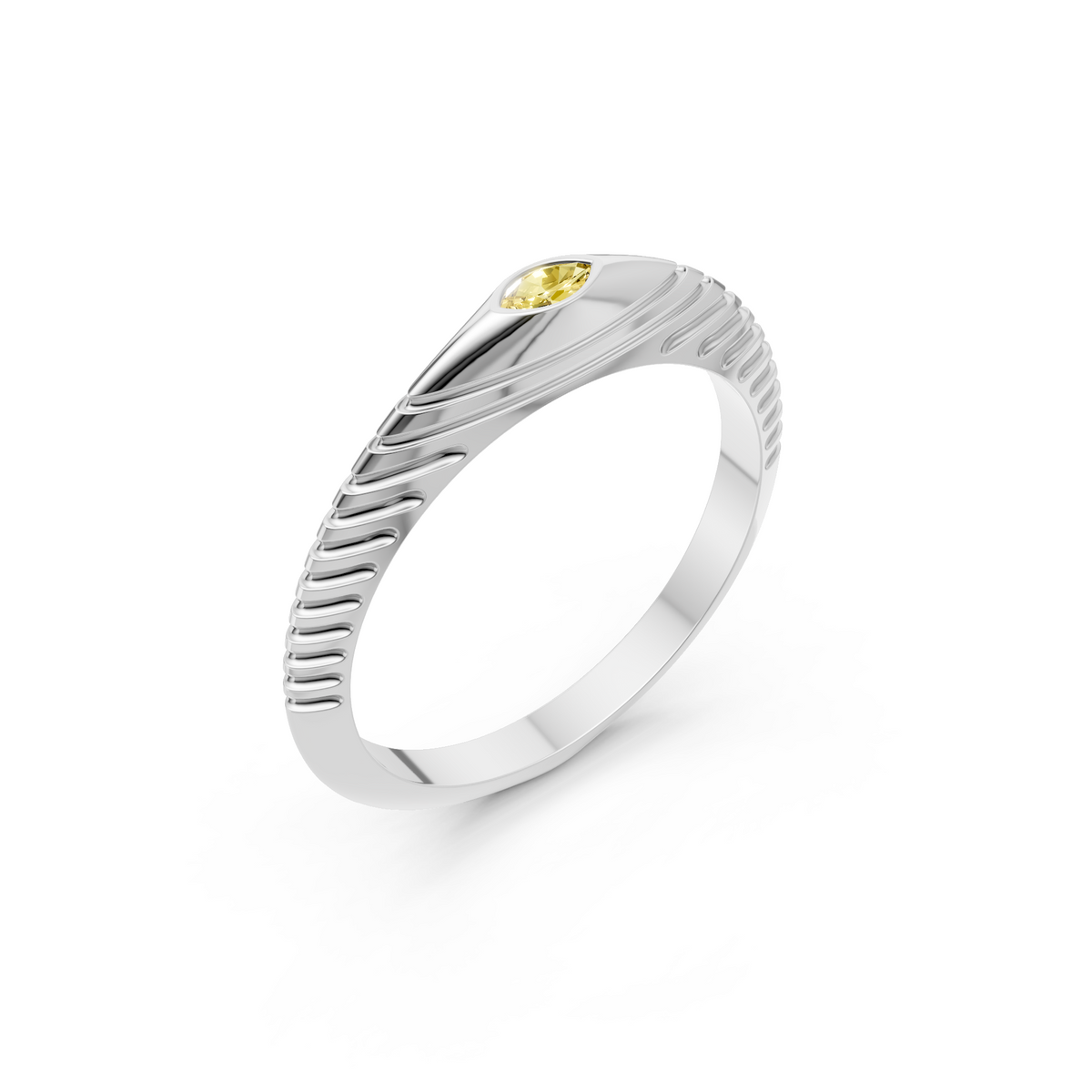 Marquise Yellow Diamond Bezel Set Solitaire Statement Ribbed Band