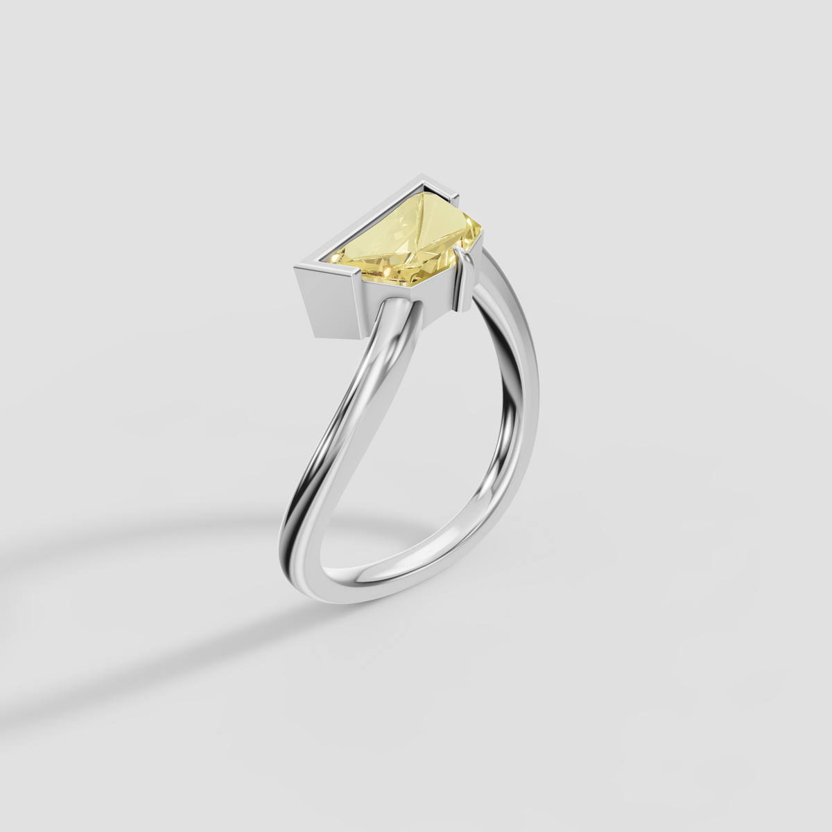 Yellow Pentagonal Step Cut Diamond With Crossover Engagement Band