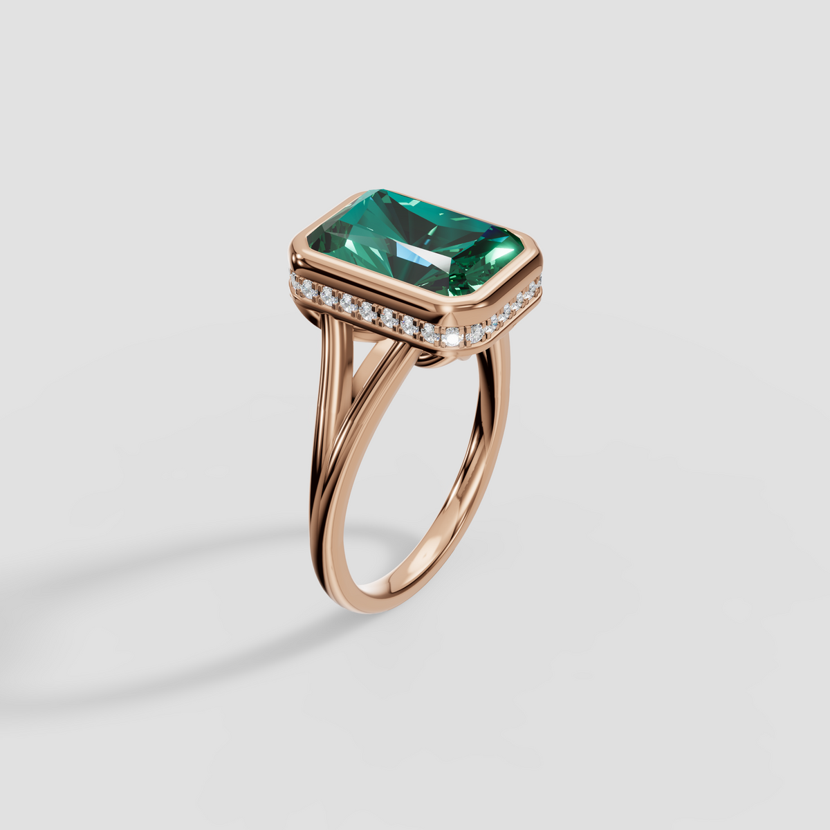 Radiant Green Diamond Bezel Engagement Ring with Hidden Halo in 14K Gold