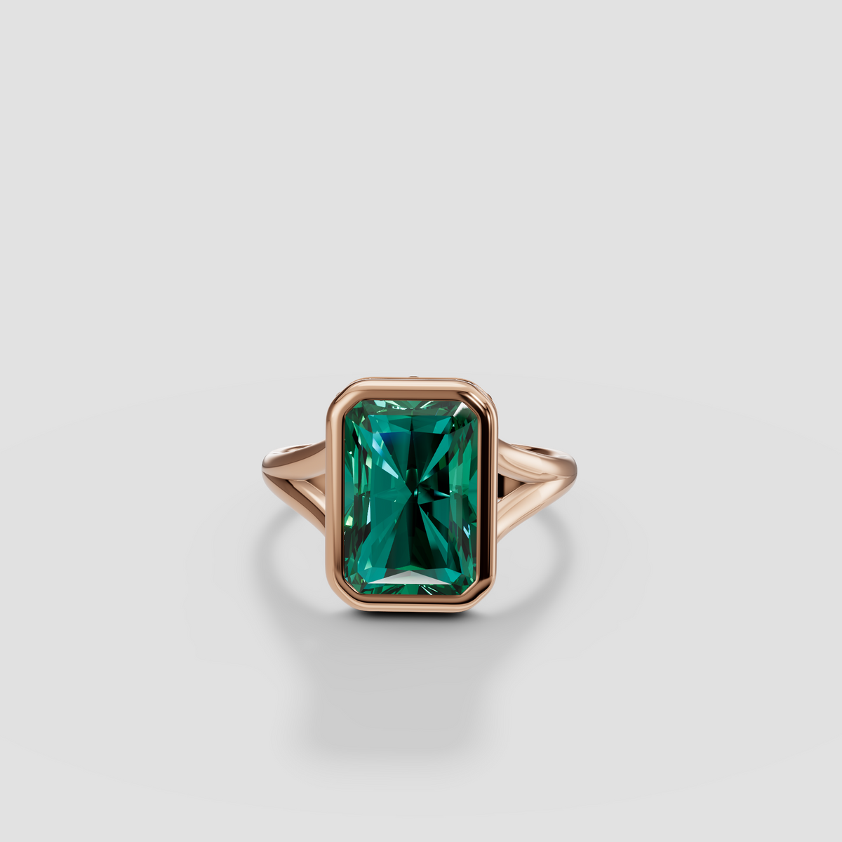 Radiant Green Diamond Bezel Engagement Ring with Hidden Halo in 14K Gold
