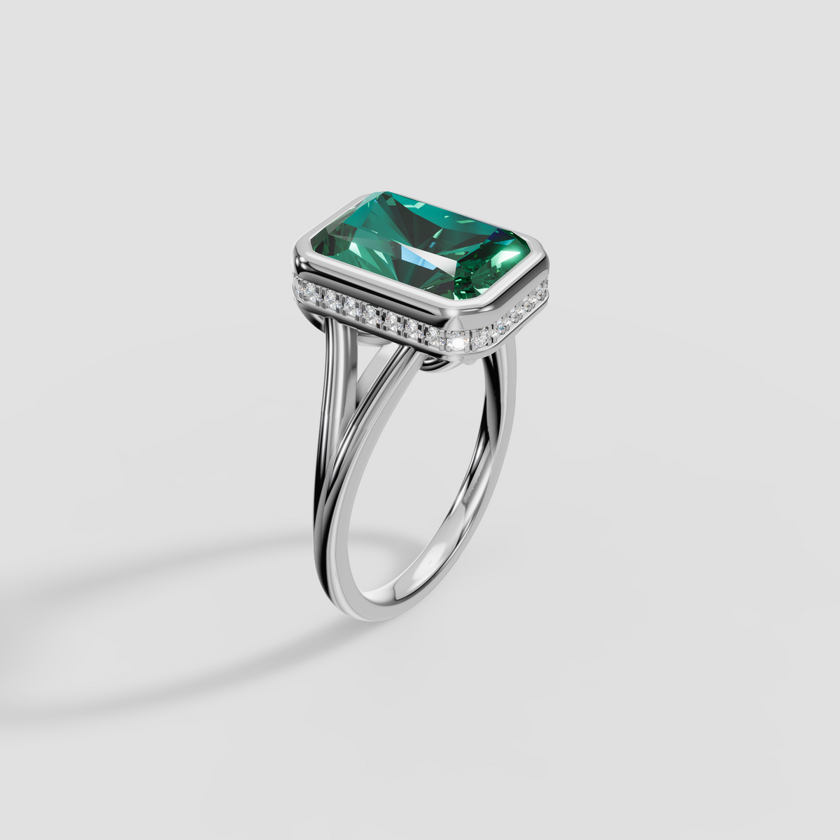 Radiant Green Diamond Bezel Engagement Ring with Hidden Halo in 14K Gold