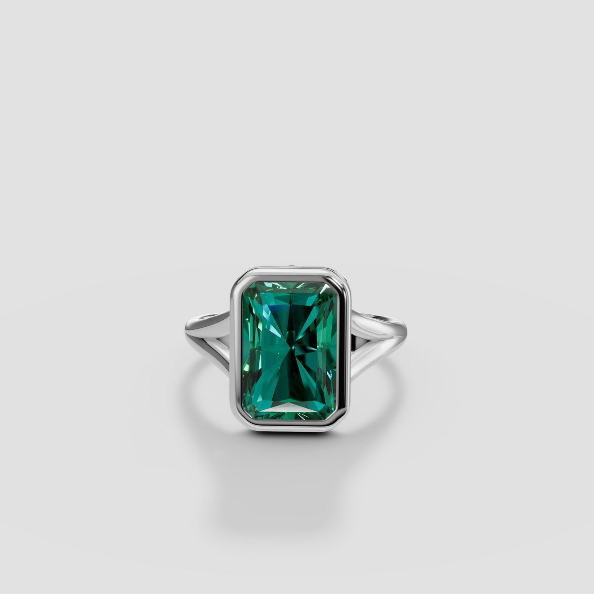 Radiant Green Diamond Bezel Engagement Ring with Hidden Halo in 14K Gold