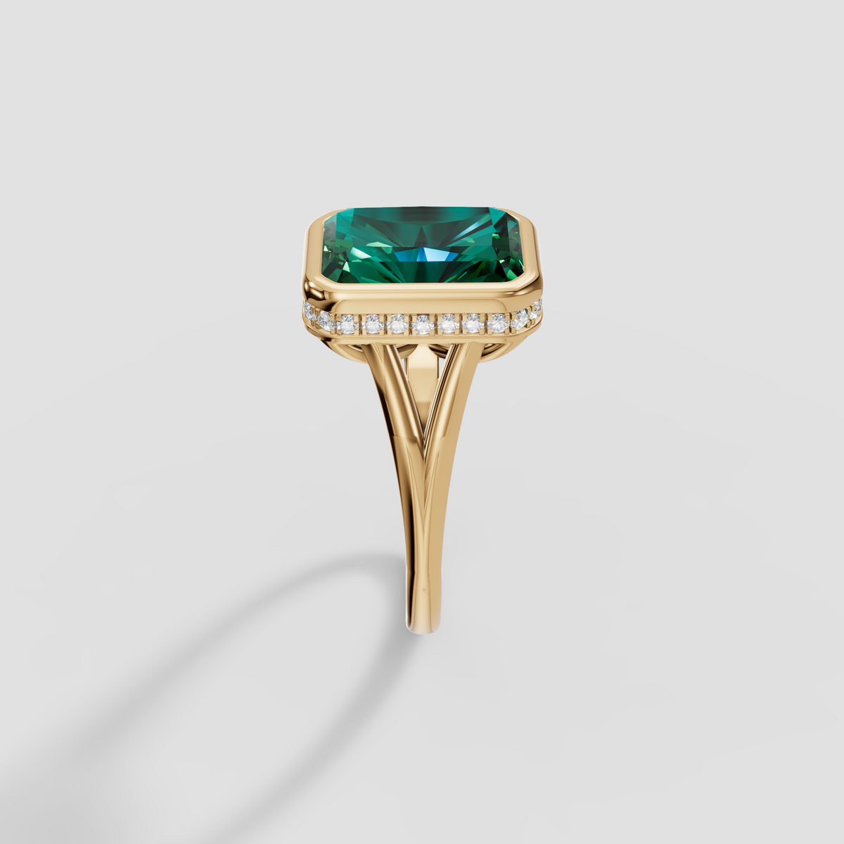 Radiant Green Diamond Bezel Engagement Ring with Hidden Halo in 14K Gold