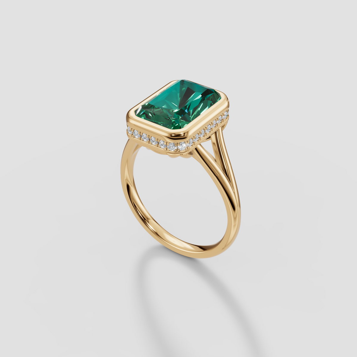 Radiant Green Diamond Bezel Engagement Ring with Hidden Halo in 14K Gold