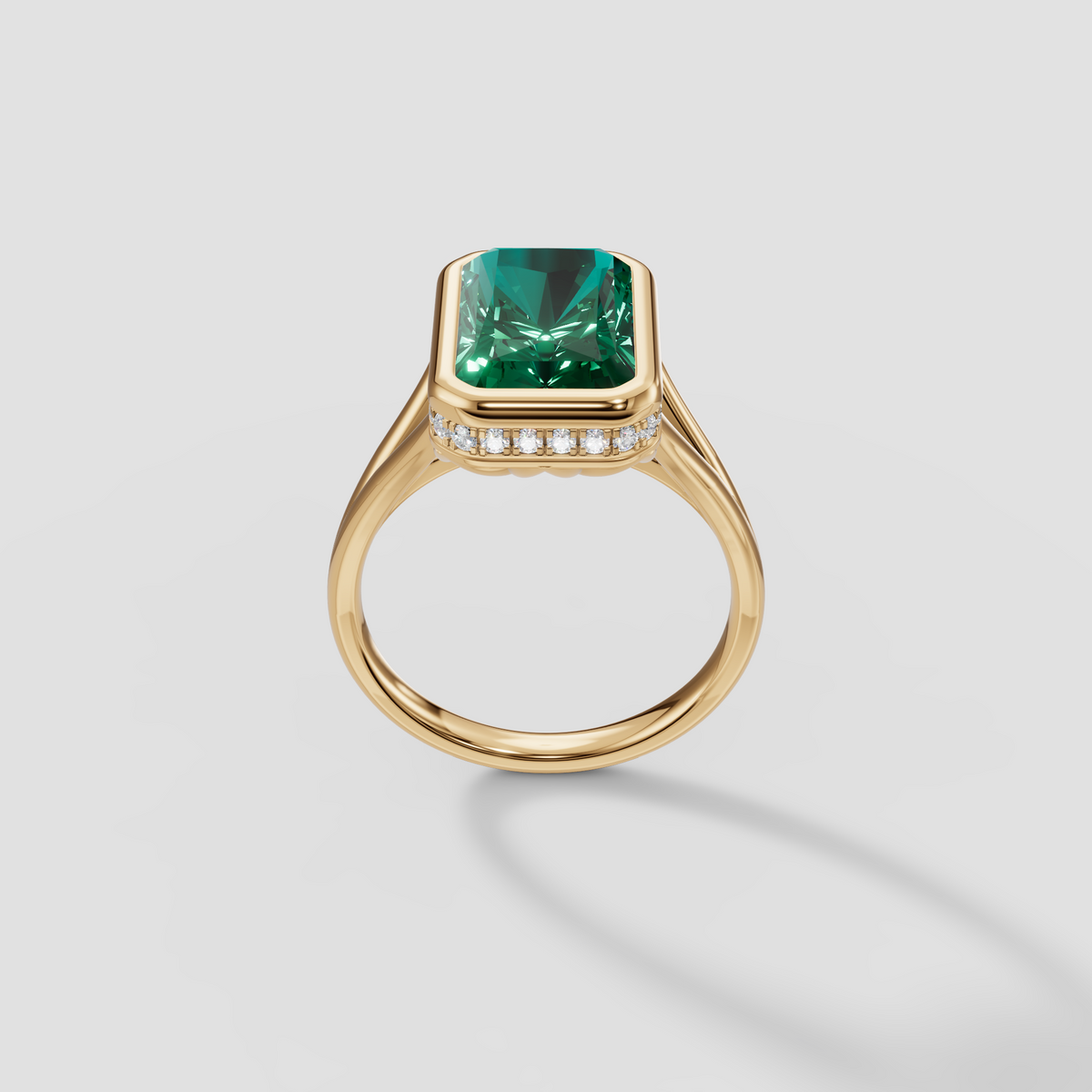 Radiant Green Diamond Bezel Engagement Ring with Hidden Halo in 14K Gold