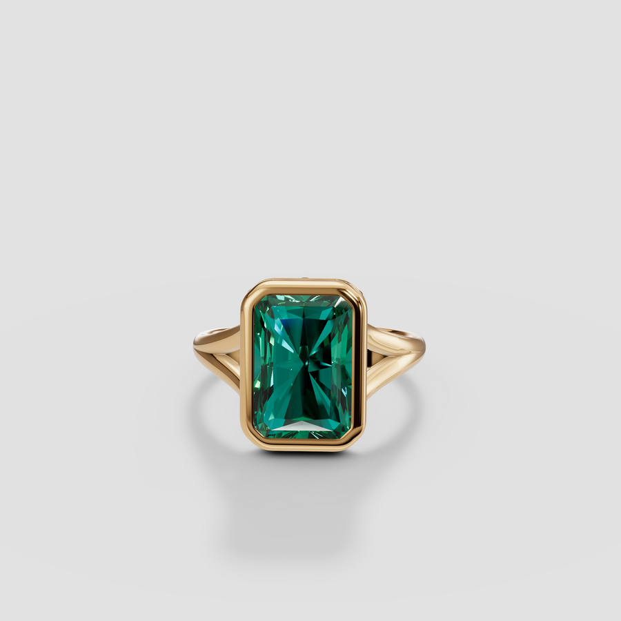 Radiant Green Diamond Bezel Engagement Ring with Hidden Halo in 14K Gold